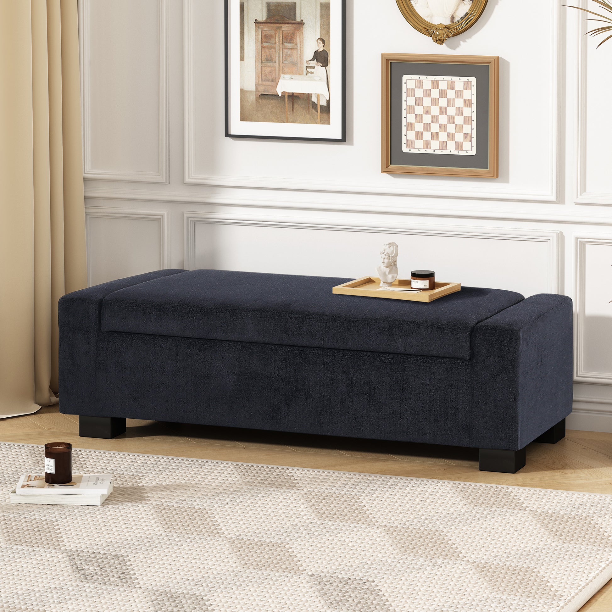 Storage Ottoman Dark Blue Fabric