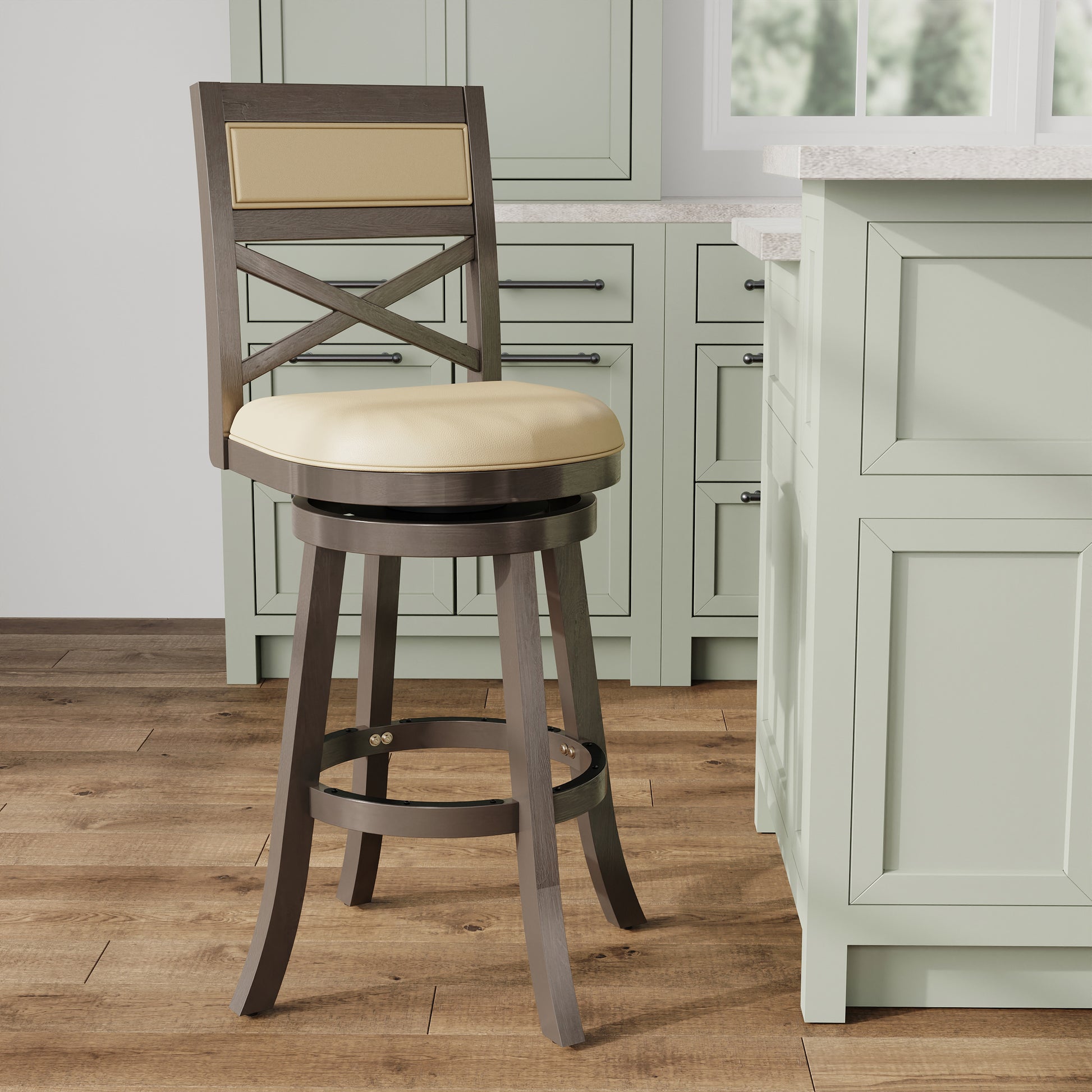 30" Bar Height X Back Swivel Stool, Weathered Gray Finish, French Gray Leather Seat Gray Bonded Leather