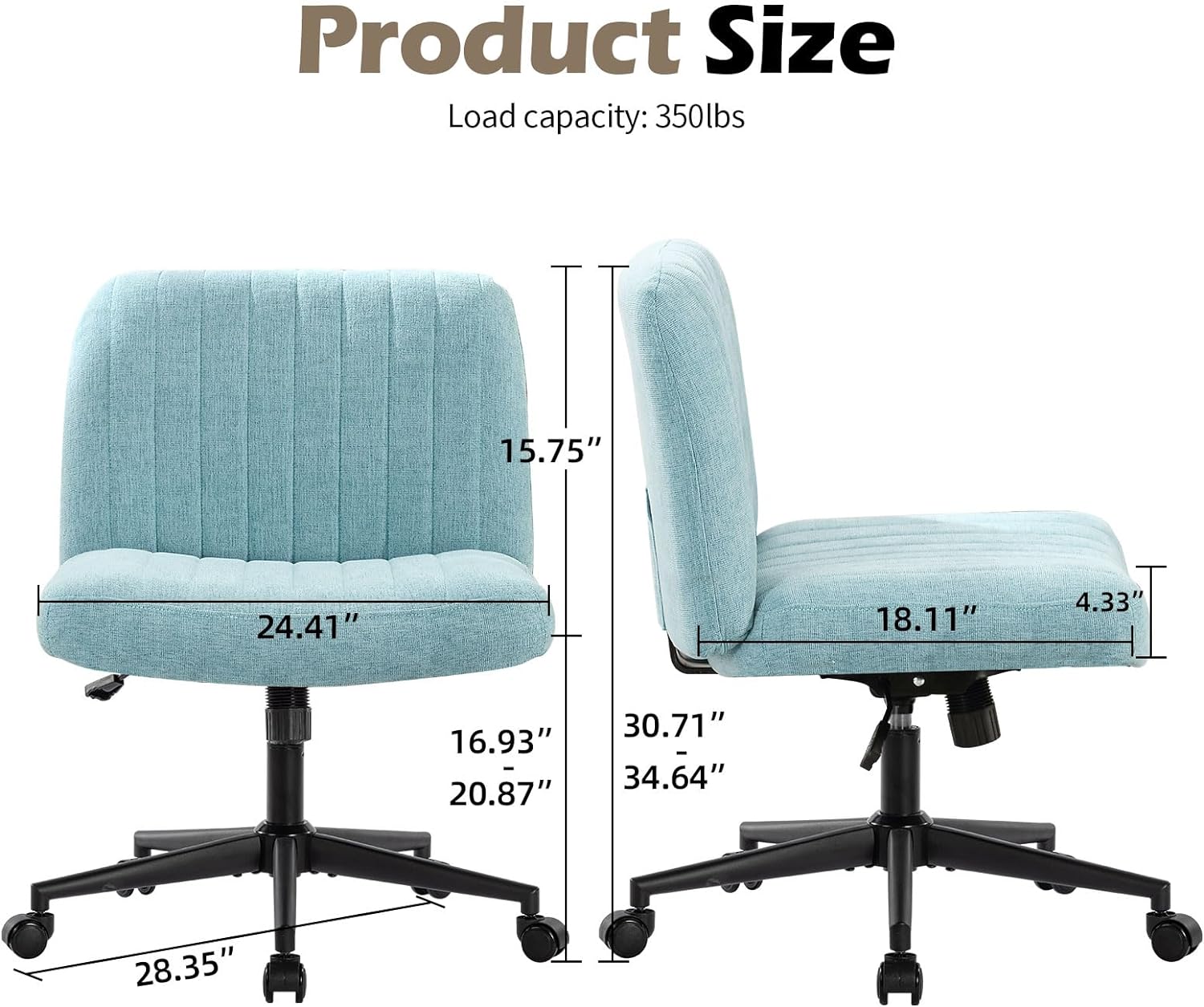 Office Chair With Wheels, Armless Office Chair, Linen Wide Seat Home Office Chair, Cute Computer Chair With 15 Swing Backrest, Suitable For Bedrooms And Dressing Tables Wood Blue Green Handle Linen