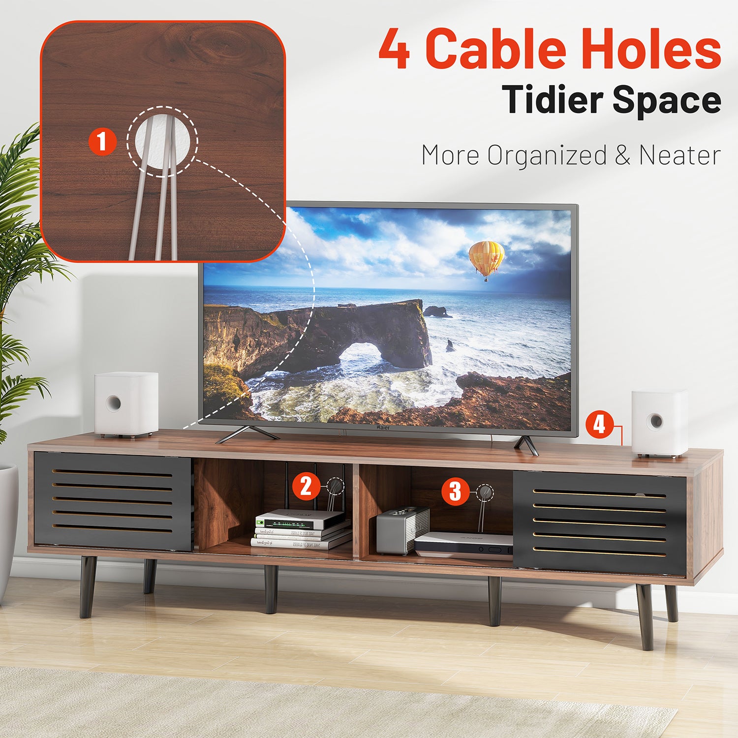 Mid Century Modern Tv Stand For Tvs Up To 70", Entertainment Center With Sliding Doors, Tv Console Table Media Cabinet For Living Room, Bedroom And Office, Walnut Walnut Black Mdf