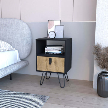 Black And Macadamia Hairpin Legs Nightstand Black Natural 1 Drawer Bedroom Drawer Storage Storage Wood