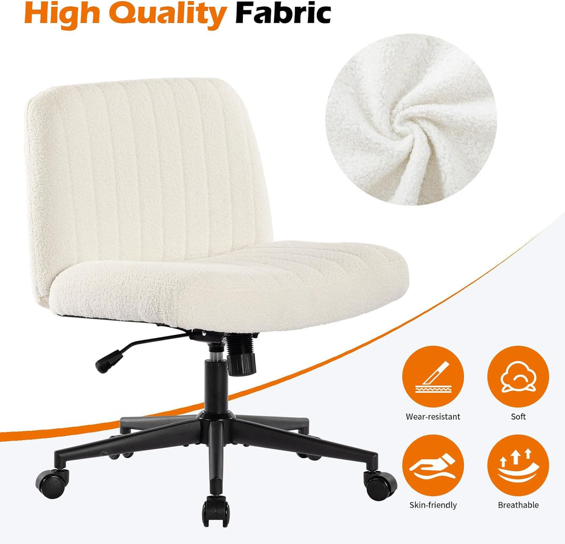 Office Chair With Wheels, Armless Office Chair, Teddy Velvet Wide Seat Home Office Chair, Cute Computer Chair With 15 Swing Backrest, Suitable For Bedrooms And Dressing Tables Wood White Handle