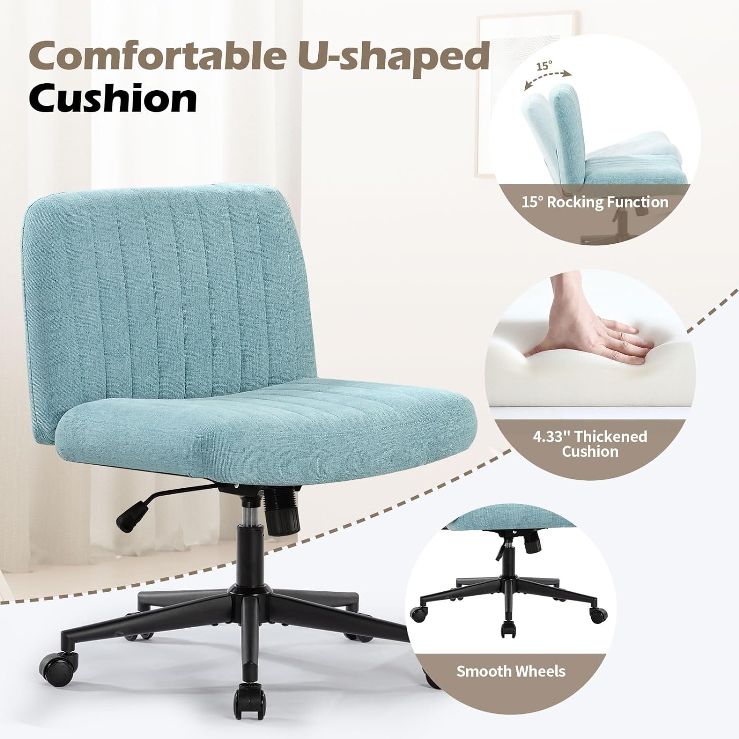 Office Chair With Wheels, Armless Office Chair, Linen Wide Seat Home Office Chair, Cute Computer Chair With 15 Swing Backrest, Suitable For Bedrooms And Dressing Tables Wood Blue Green Handle Linen