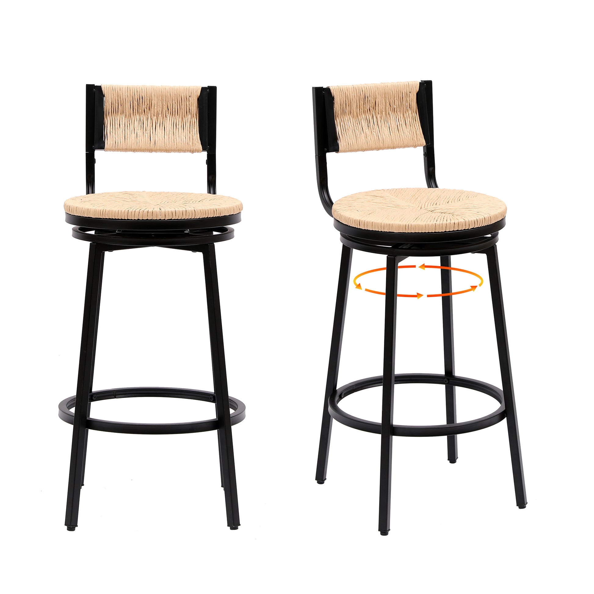 Honey Swivel Bar Stools Paper Rope Handwoven Barstools With Back Set Of 2 Rustic Round Counter Chairs For Dining Room, Kitchen Island Honey Metal Honey Dining Room Powder Coated Round Dry Clean Farmhouse Bar Stools Set Of 2 Paper Rope