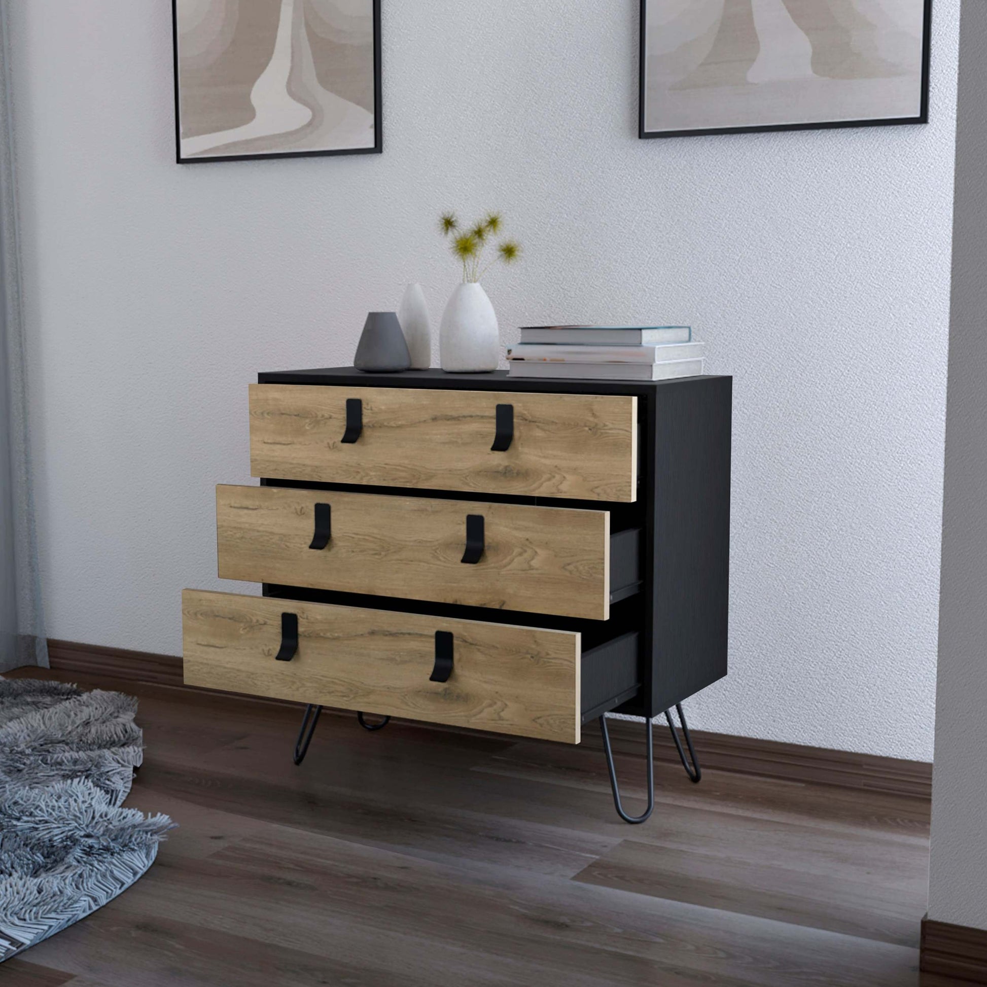 Black And Macadamia 3 Drawer Dresser Black Natural Bedroom Wood