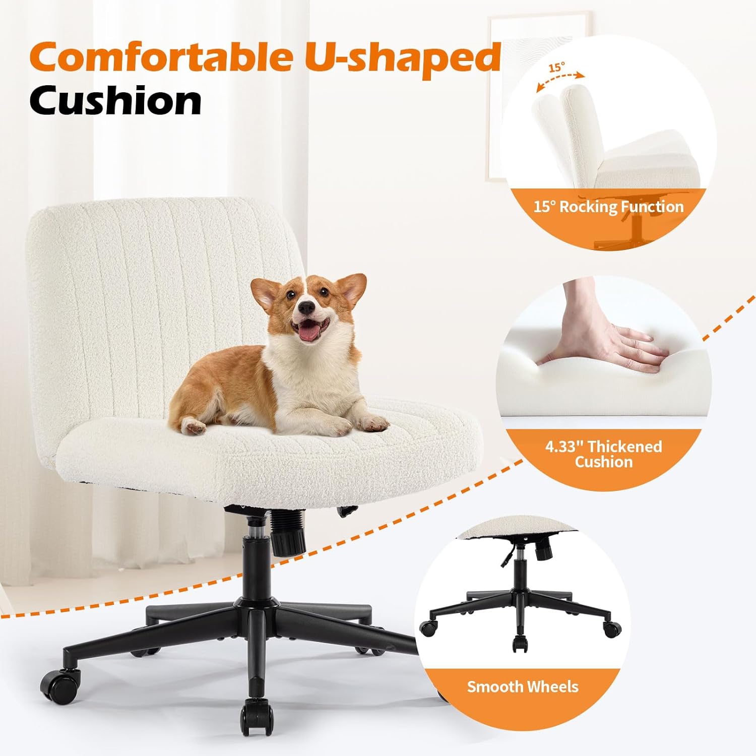 Office Chair With Wheels, Armless Office Chair, Teddy Velvet Wide Seat Home Office Chair, Cute Computer Chair With 15 Swing Backrest, Suitable For Bedrooms And Dressing Tables Wood White Handle