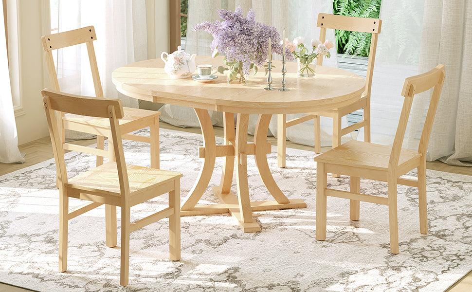 5 Piece Rustic Round Pedestal Extendable Dining Table Set With 15.7" Removable Leaf And Simple Dining Chirs For Small Places, Natural Wood Dining Room Extendable Rubberwood Oval Dining Table With Chair Wood Wood Natural Seats 4 Removable Leaf Farmhouse
