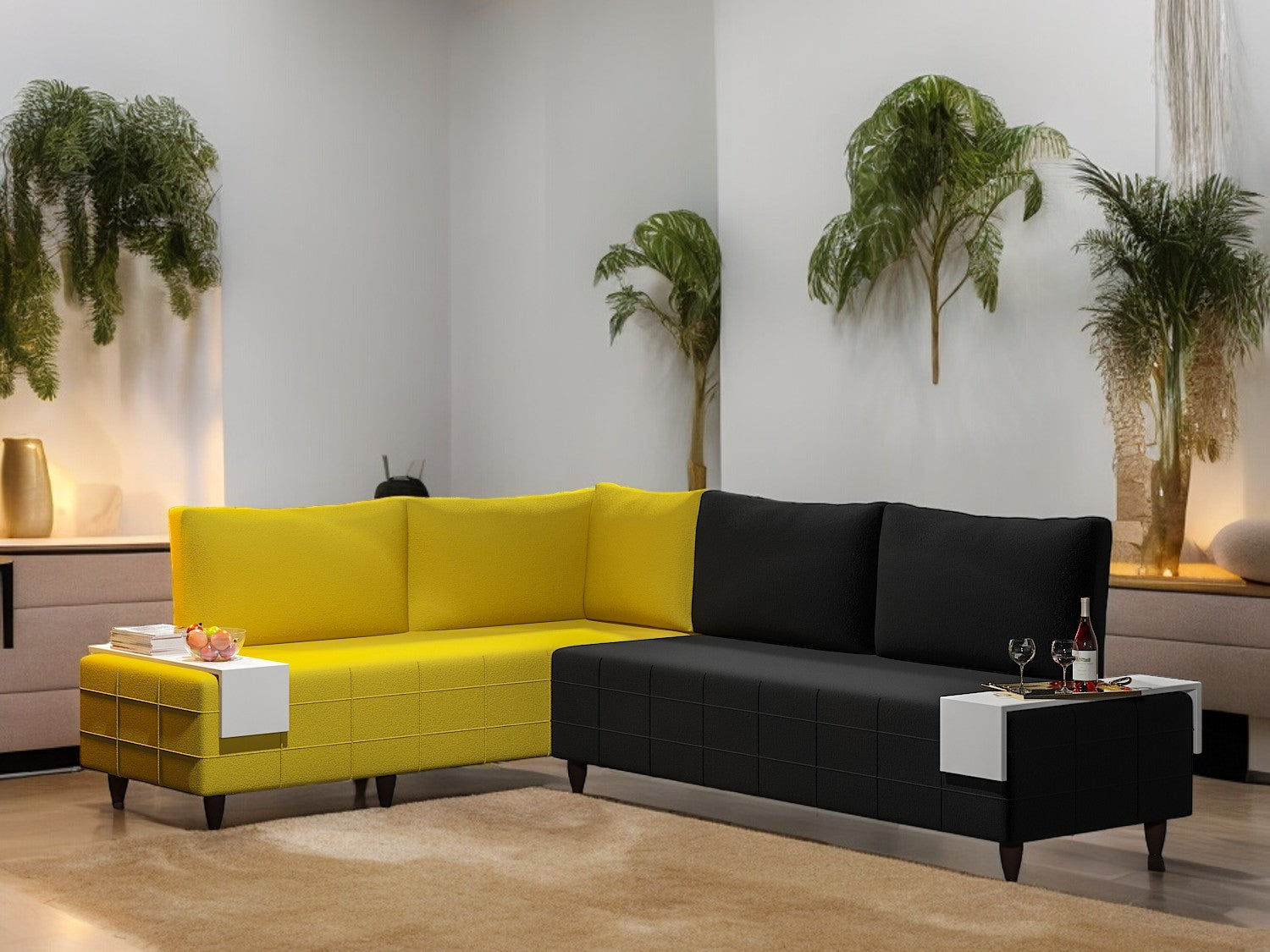 Inferno Sectional, Black Yellow Black Foam Solid Wood 7 Seat