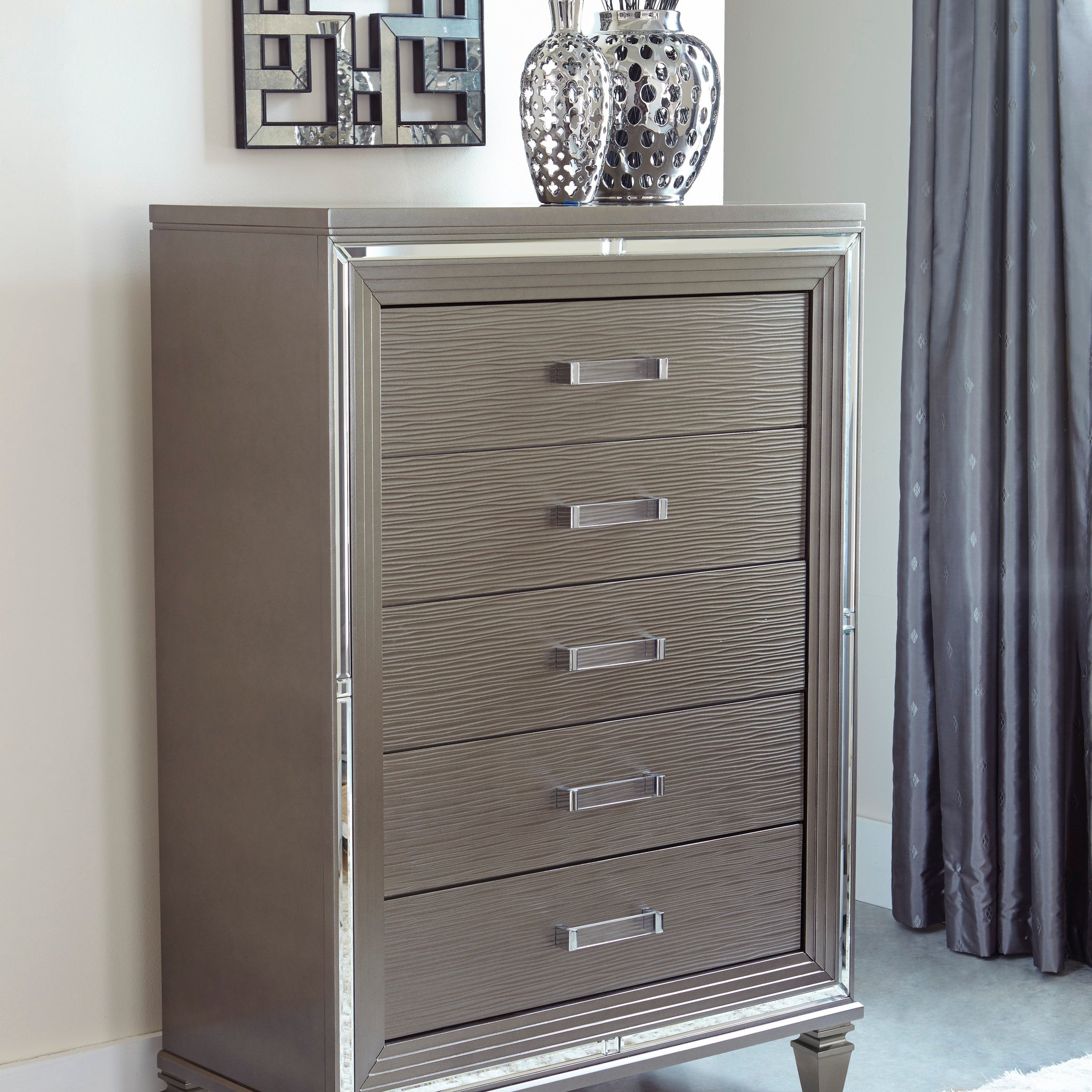 Silver Gray Metallic Finish Glam Style Storage Chest Of 5 Drawers Wooden 1Pc Modern Bedroom Furniture Acrylic Hardware Beveled Mirror Trim Silver Grey Bedroom Glam,Modern Wood