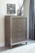 Silver Gray Metallic Finish Glam Style Storage Chest Of 5 Drawers Wooden 1Pc Modern Bedroom Furniture Acrylic Hardware Beveled Mirror Trim Silver Grey Bedroom Glam,Modern Wood