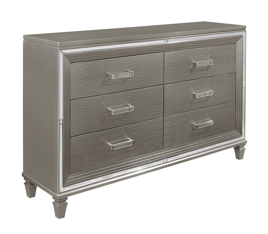 Silver Gray Metallic Finish Glam Style Dresser Of 6 Drawers Wooden 1Pc Modern Bedroom Furniture Acrylic Hardware Beveled Mirror Trim Silver Grey Bedroom Glam,Modern Wood