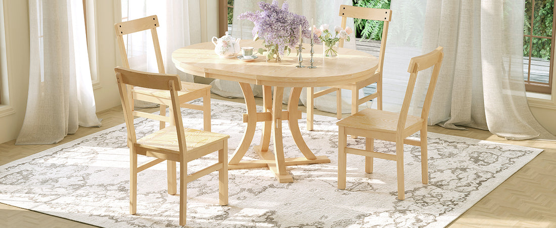 5 Piece Rustic Round Pedestal Extendable Dining Table Set With 15.7" Removable Leaf And Simple Dining Chirs For Small Places, Natural Wood Dining Room Extendable Rubberwood Oval Dining Table With Chair Wood Wood Natural Seats 4 Removable Leaf Farmhouse