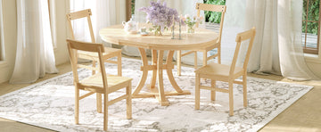 5 Piece Rustic Round Pedestal Extendable Dining Table Set With 15.7" Removable Leaf And Simple Dining Chirs For Small Places, Natural Wood Dining Room Extendable Rubberwood Oval Dining Table With Chair Wood Wood Natural Seats 4 Removable Leaf Farmhouse