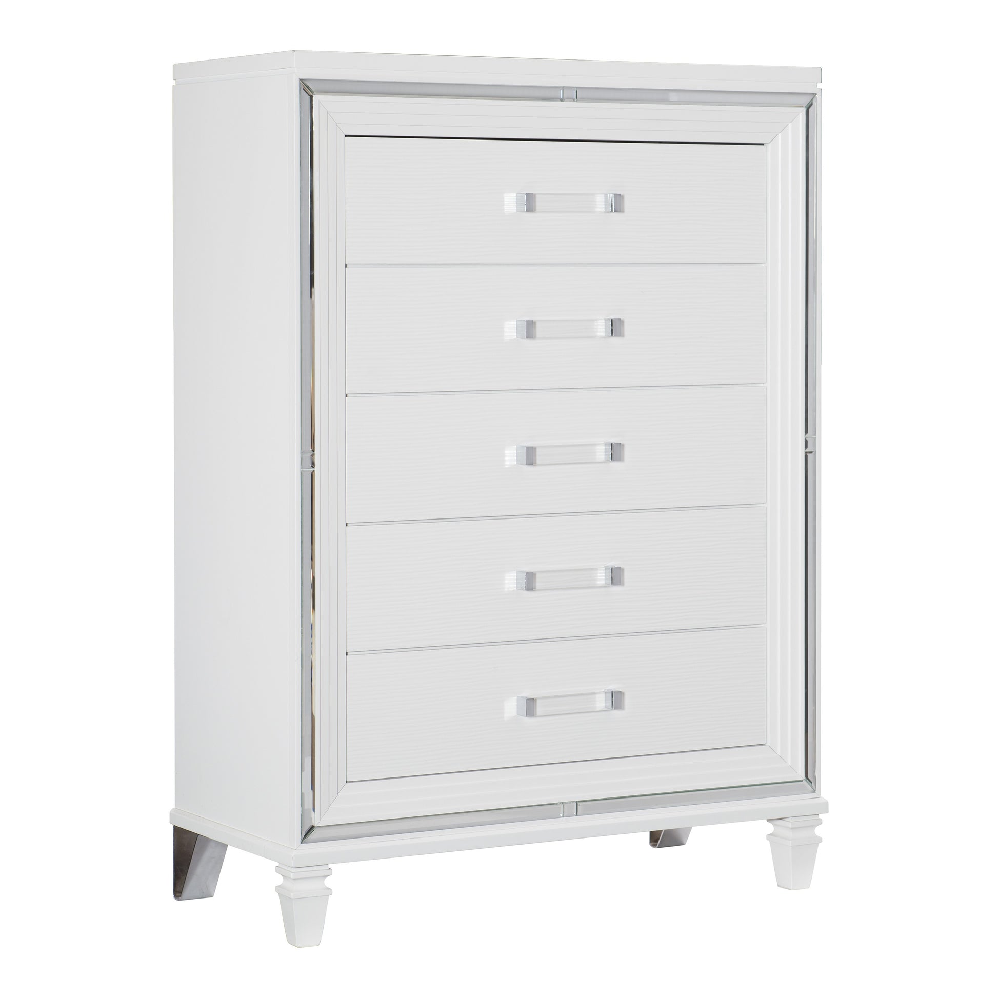 White Metallic Finish Glam Style Storage Chest Of 5 Drawers Wooden 1Pc Modern Bedroom Furniture Acrylic Hardware White Bedroom Glam,Modern Wood