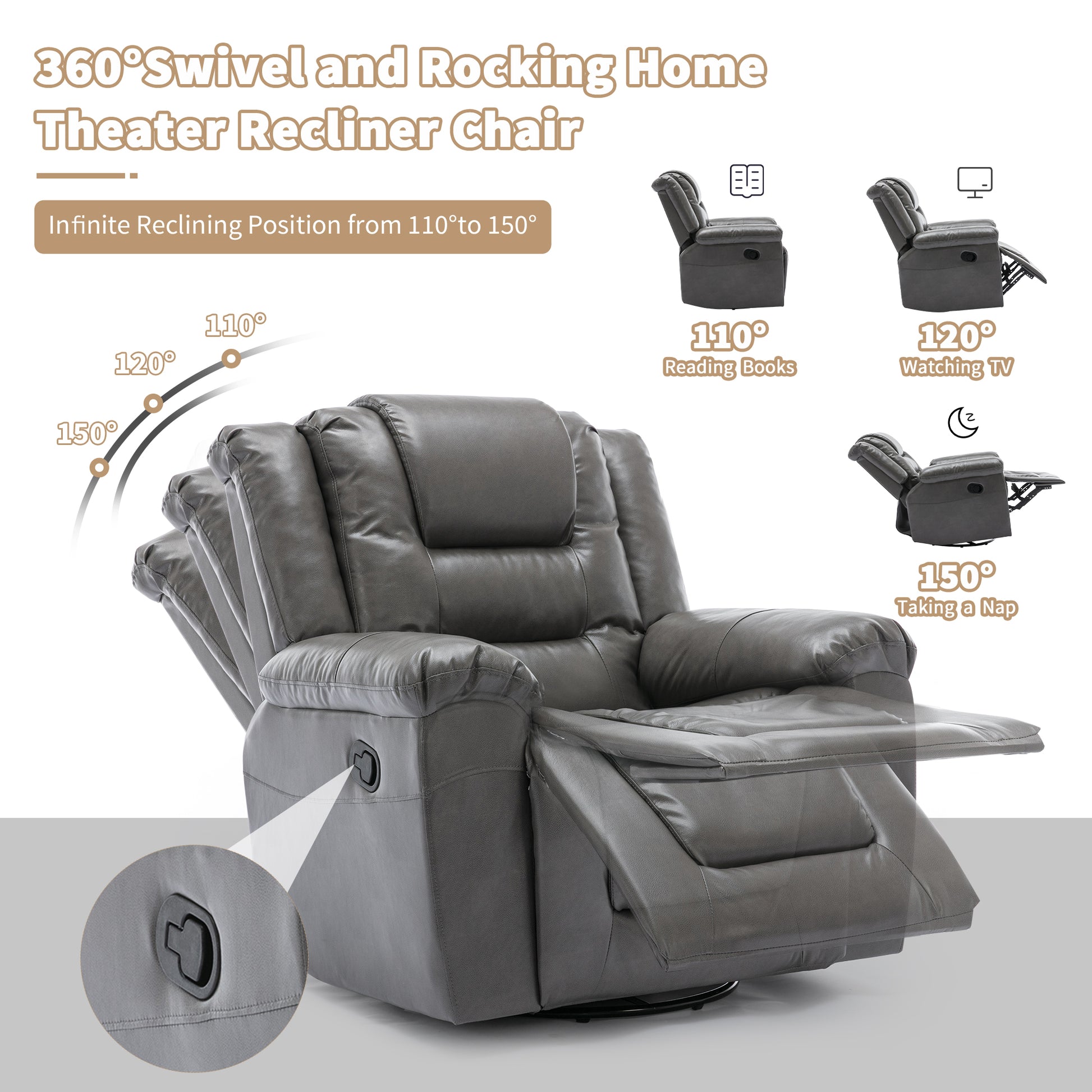 3 Seater Home Theater Recliner Manual Recliner Chair With Two Built In Cup Holders For Living Room,Bedroom, Grey Grey Foam Pu