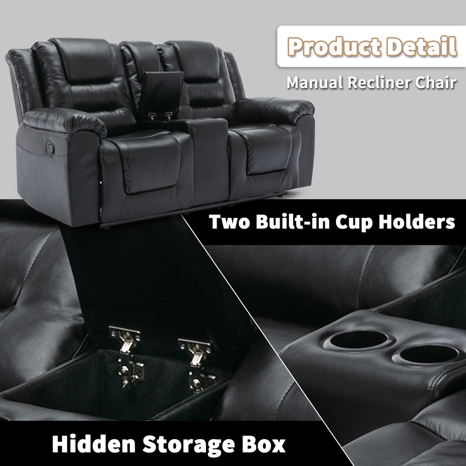 2 Seater Home Theater Recliner Manual Recliner Chair With A Storage Box And Two Cup Holders For Living Room,Bedroom, Black Old Sku:Pp302954Aab Black Foam Pu Leather