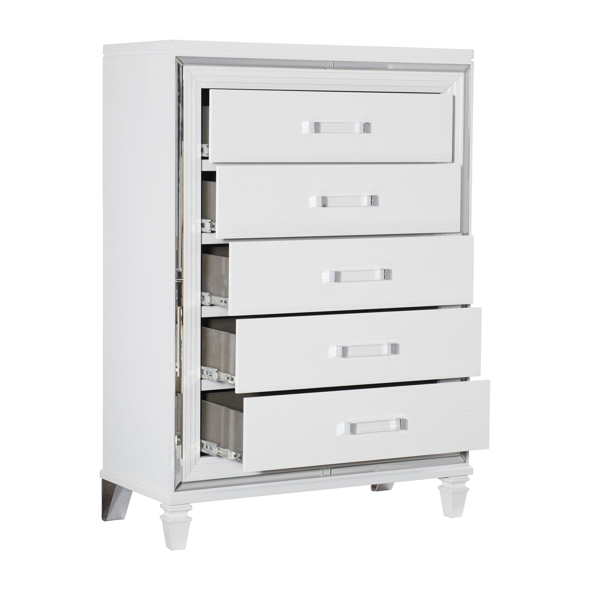 White Metallic Finish Glam Style Storage Chest Of 5 Drawers Wooden 1Pc Modern Bedroom Furniture Acrylic Hardware White Bedroom Glam,Modern Wood