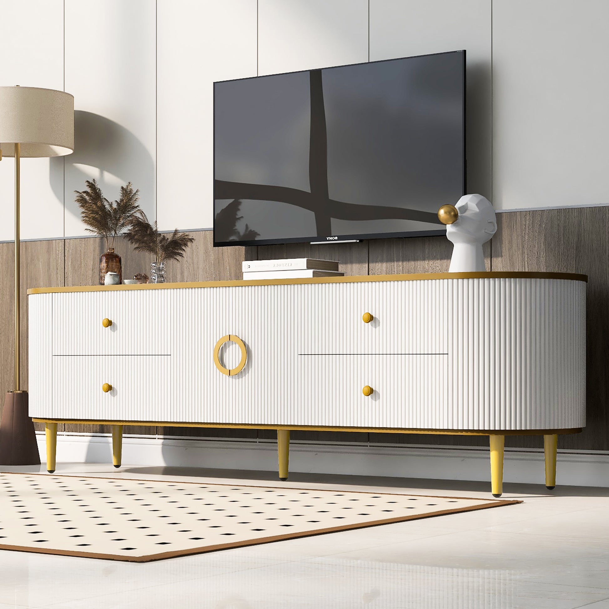 Modern Tv Stand For Tvs Up To 80 Inches, Entertainment Center With 4 Drawers And 1 Cabinet, Wood Tv Console Table With Metal Legs And Handles For Living Room White 70 79 Inches Mdf