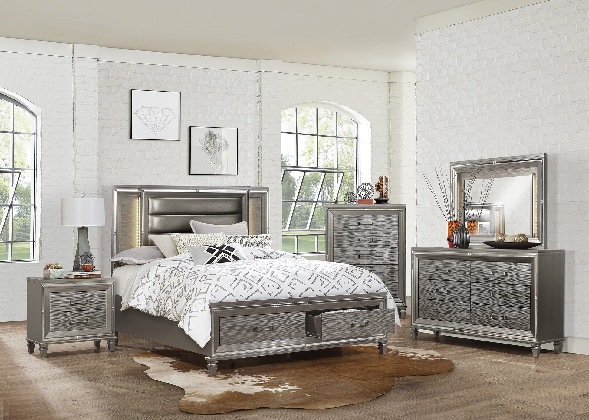 Silver Gray Metallic Finish Glam Style Storage Chest Of 5 Drawers Wooden 1Pc Modern Bedroom Furniture Acrylic Hardware Beveled Mirror Trim Silver Grey Bedroom Glam,Modern Wood