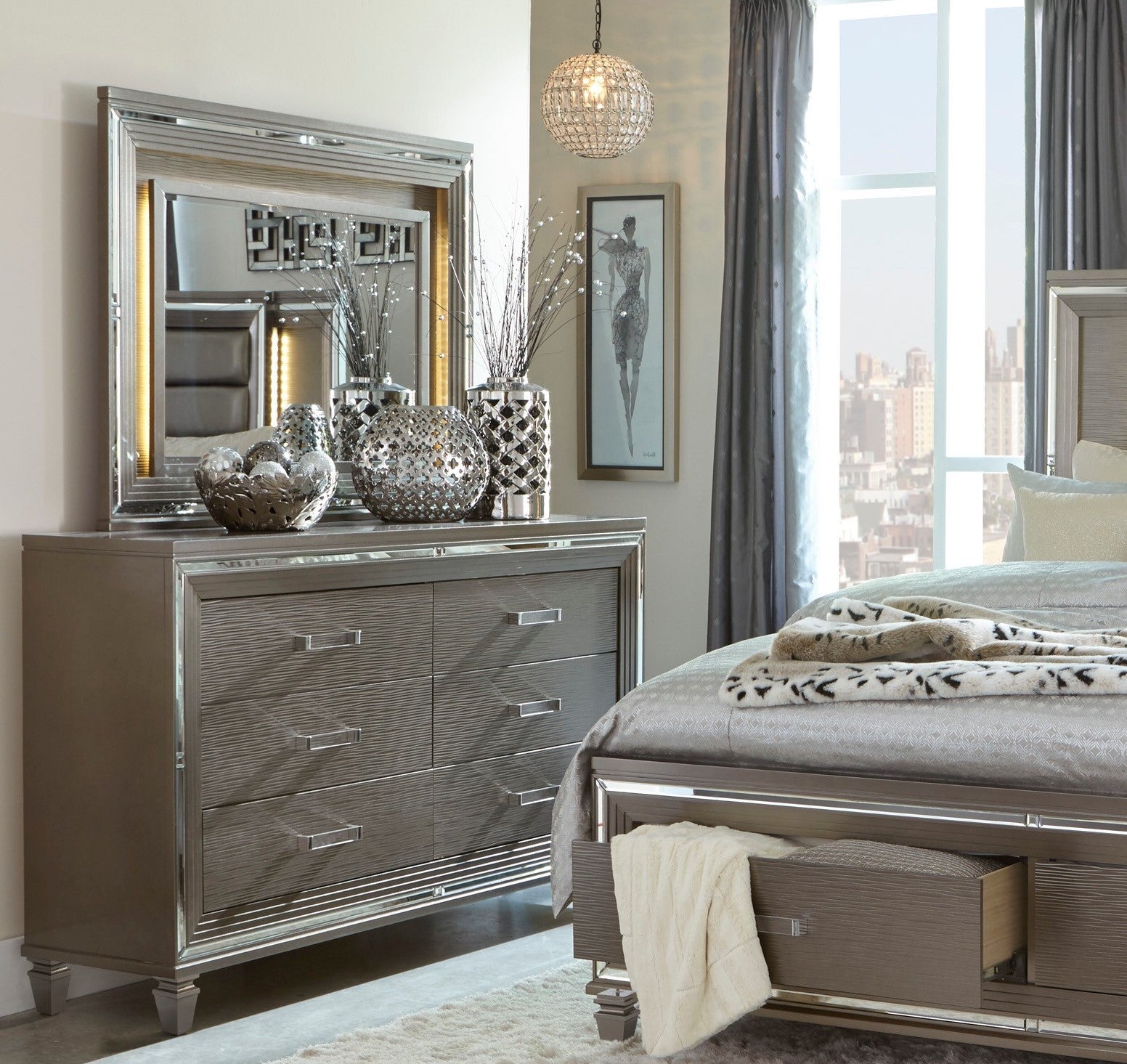 silver gray dresser Lillian Dresser & LED Mirror