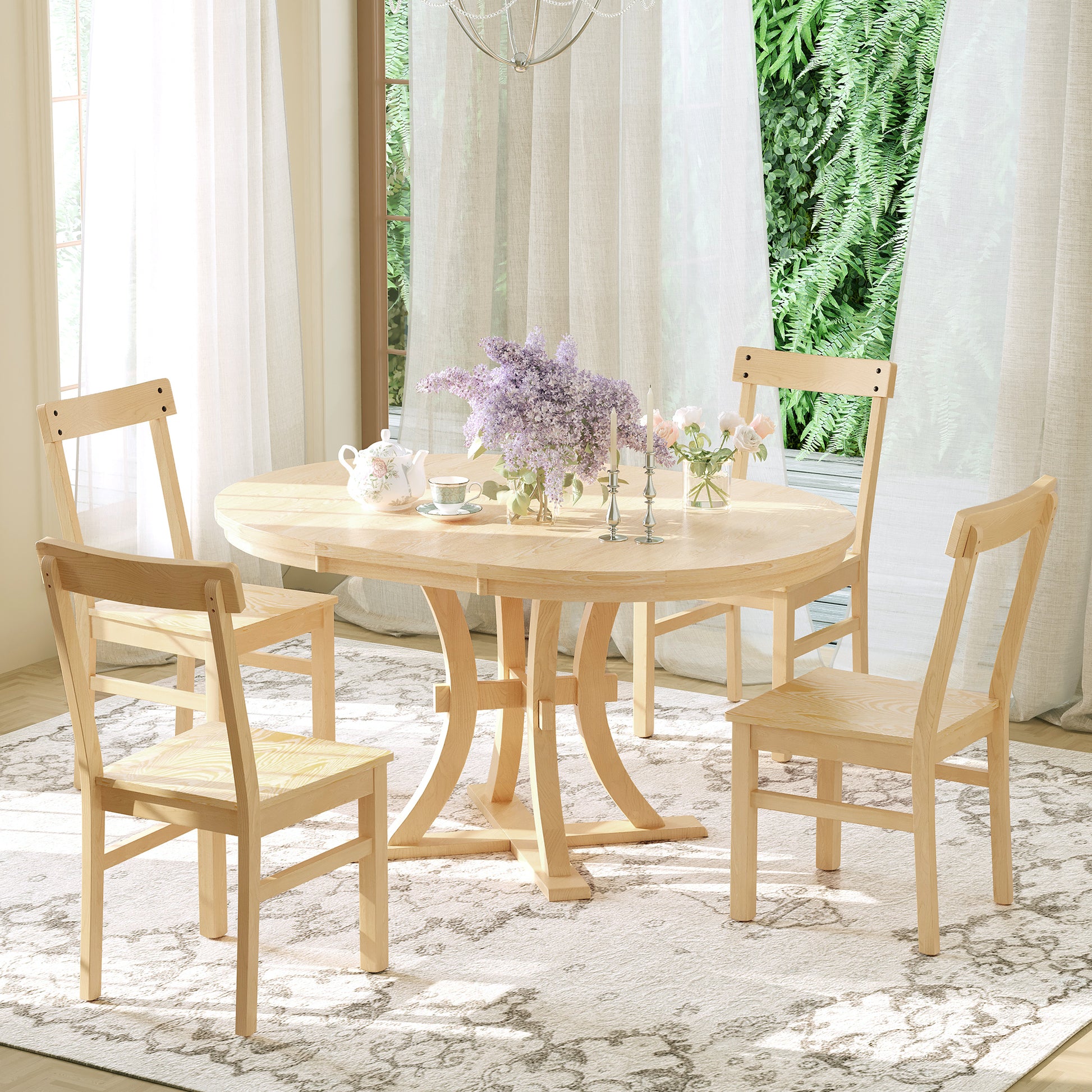 5 Piece Rustic Round Pedestal Extendable Dining Table Set With 15.7" Removable Leaf And Simple Dining Chirs For Small Places, Natural Wood Dining Room Extendable Rubberwood Oval Dining Table With Chair Wood Wood Natural Seats 4 Removable Leaf Farmhouse