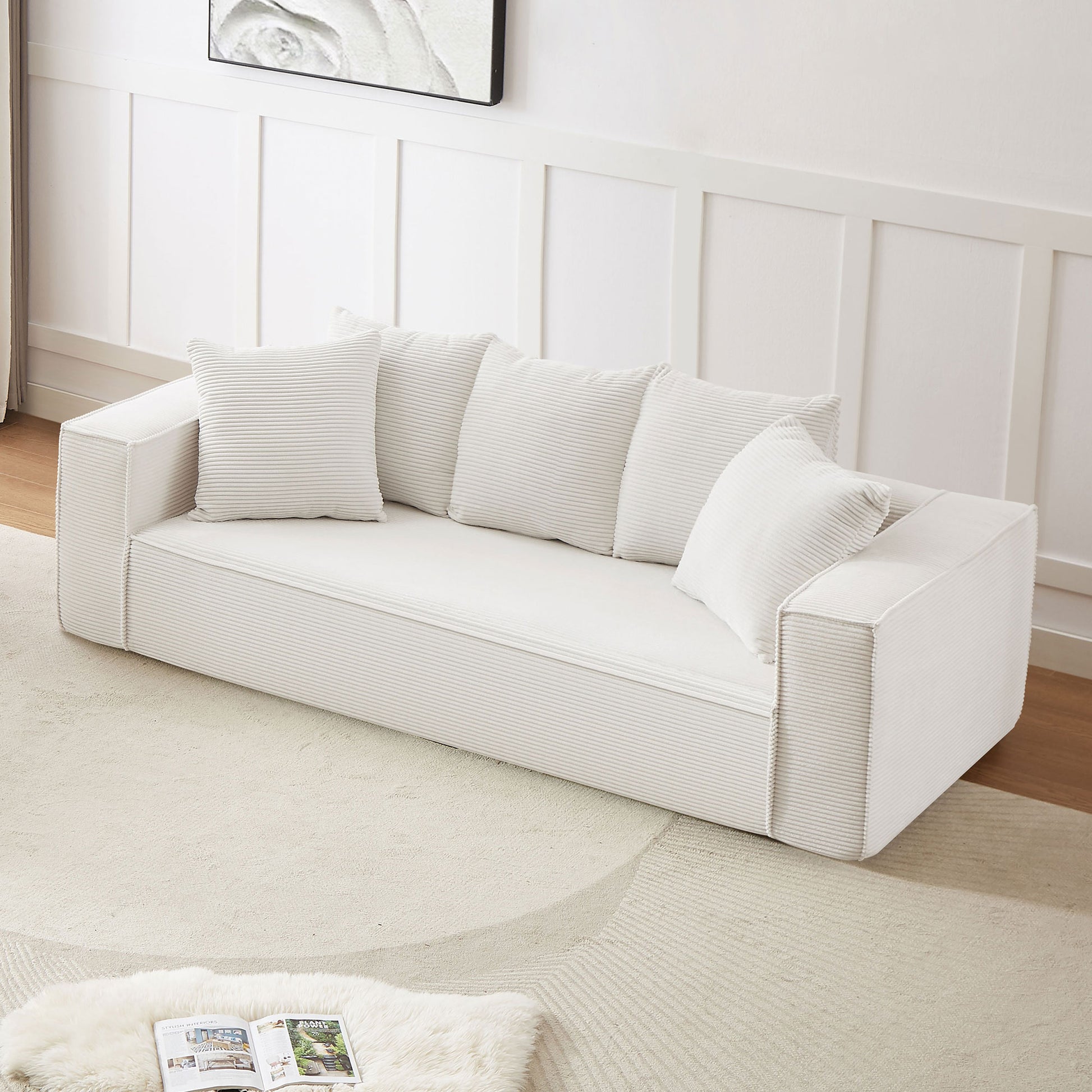88.97Inch Corduroy Sofa With 5 Matching Toss Pillows, Sleek Design, Spacious And Comfortable 3 Seater Couch For Modern Living Room.White White Corduroy 3 Seat