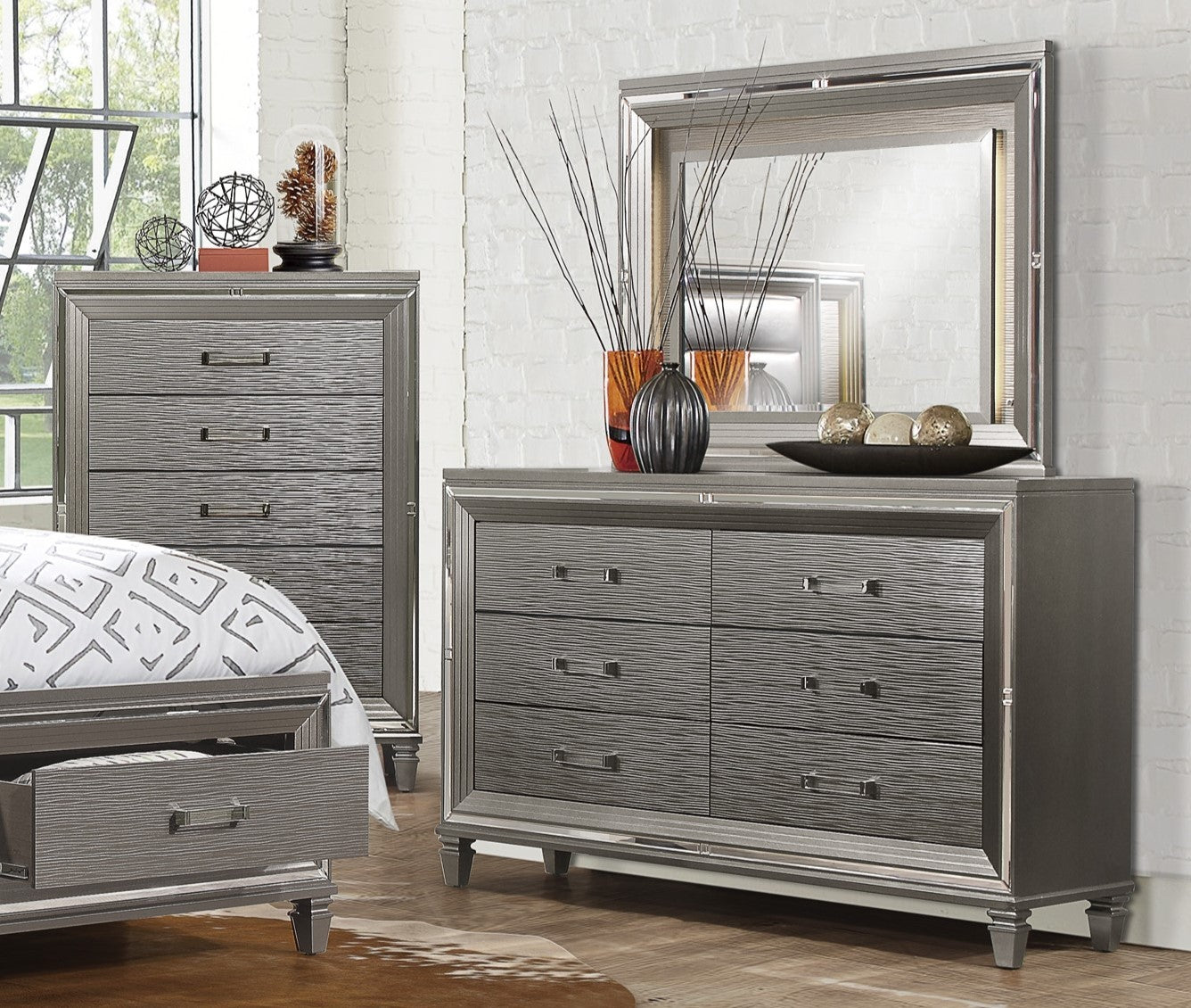 Silver Gray Metallic Finish Glam Style Dresser Of 6 Drawers Wooden 1Pc Modern Bedroom Furniture Acrylic Hardware Beveled Mirror Trim Silver Grey Bedroom Glam,Modern Wood