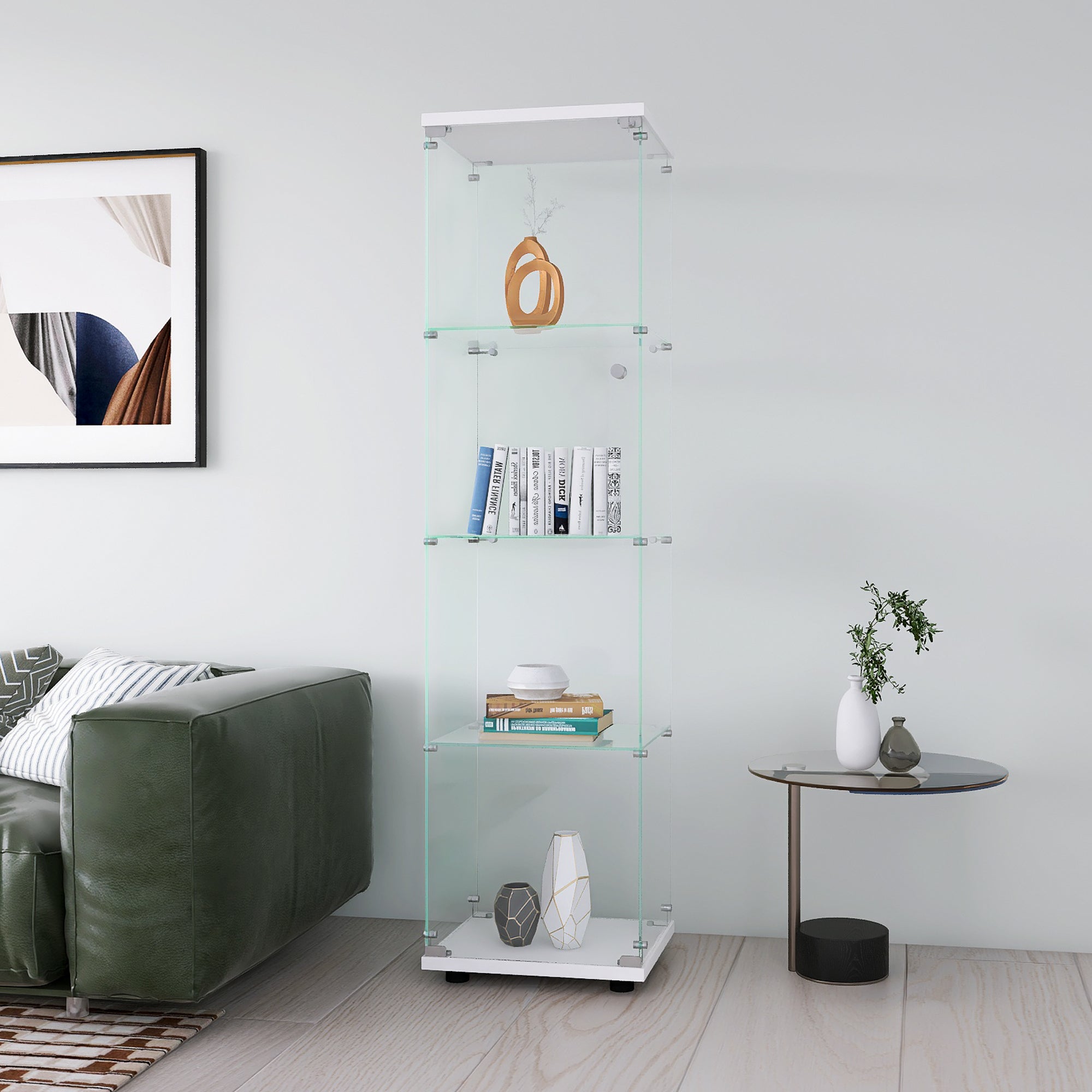 Glass Display Cabinet 4 Shelves With Door, Floor Standing Curio Bookshelf For Living Room Bedroom Office, 64.7"*16.7"*14.3" White White Glass