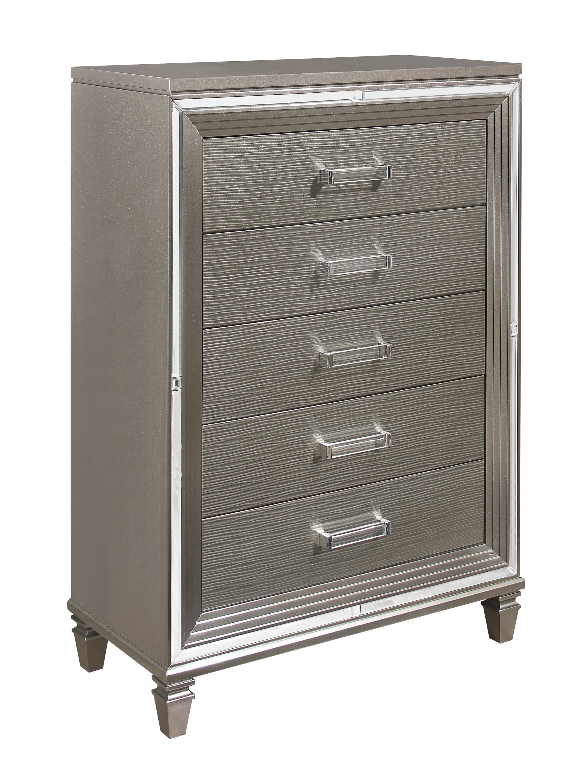 Silver Gray Metallic Finish Glam Style Storage Chest Of 5 Drawers Wooden 1Pc Modern Bedroom Furniture Acrylic Hardware Beveled Mirror Trim Silver Grey Bedroom Glam,Modern Wood