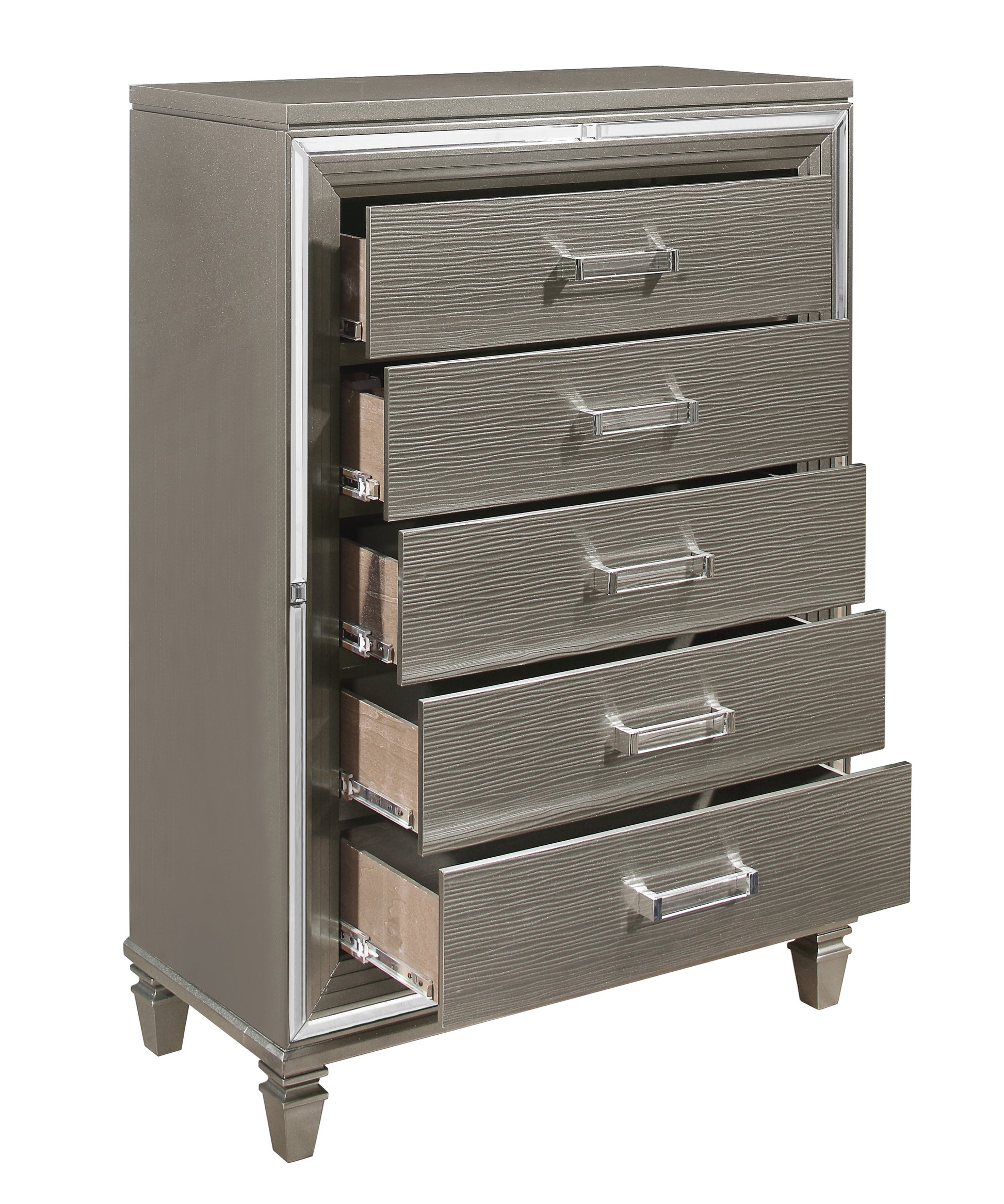 Silver Gray Metallic Finish Glam Style Storage Chest Of 5 Drawers Wooden 1Pc Modern Bedroom Furniture Acrylic Hardware Beveled Mirror Trim Silver Grey Bedroom Glam,Modern Wood