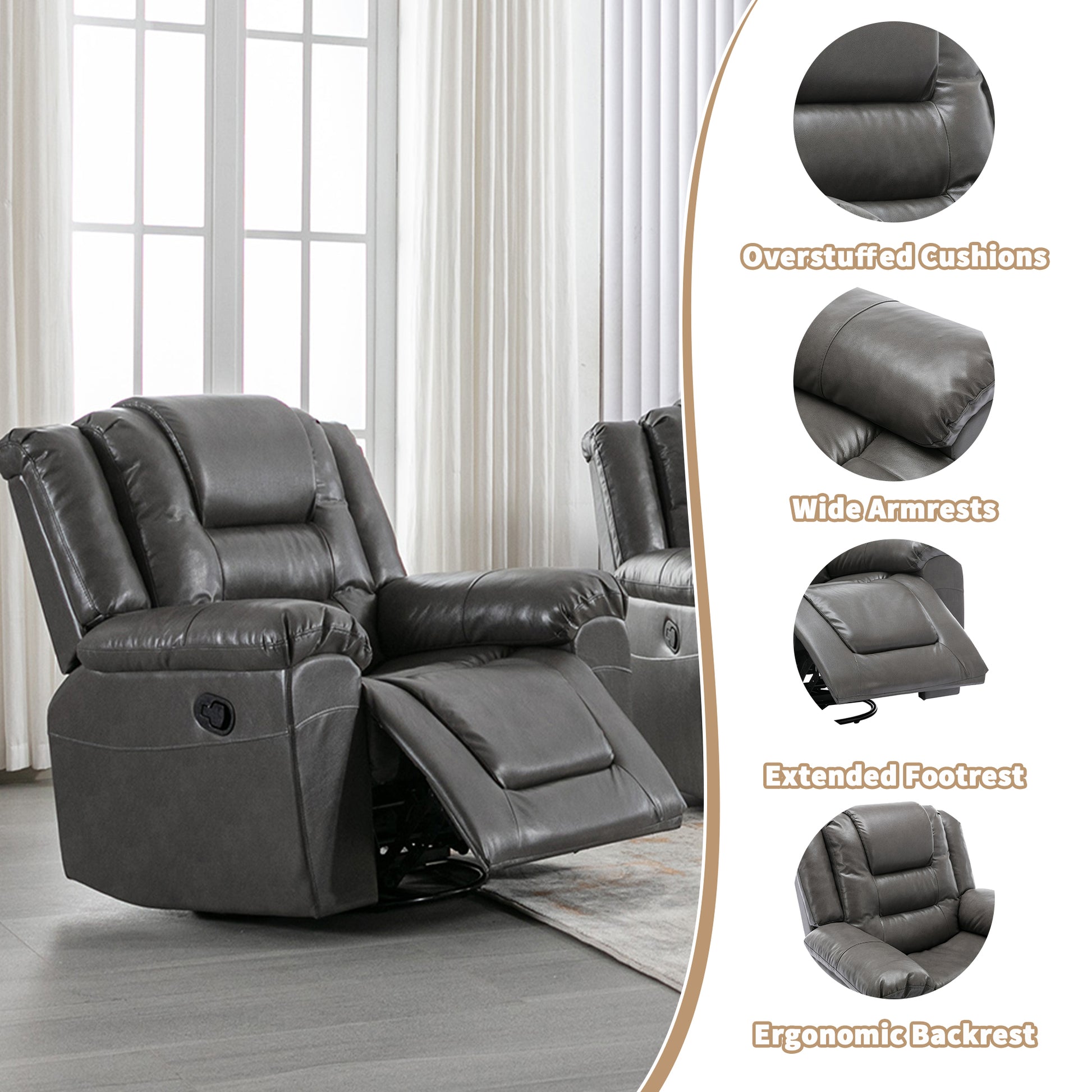 Home Theater Recliner Set Manual Recliner Chair With Wide Armrest, Two Built In Cup Holders For Living Room,Bedroom, Grey Grey Foam Pu