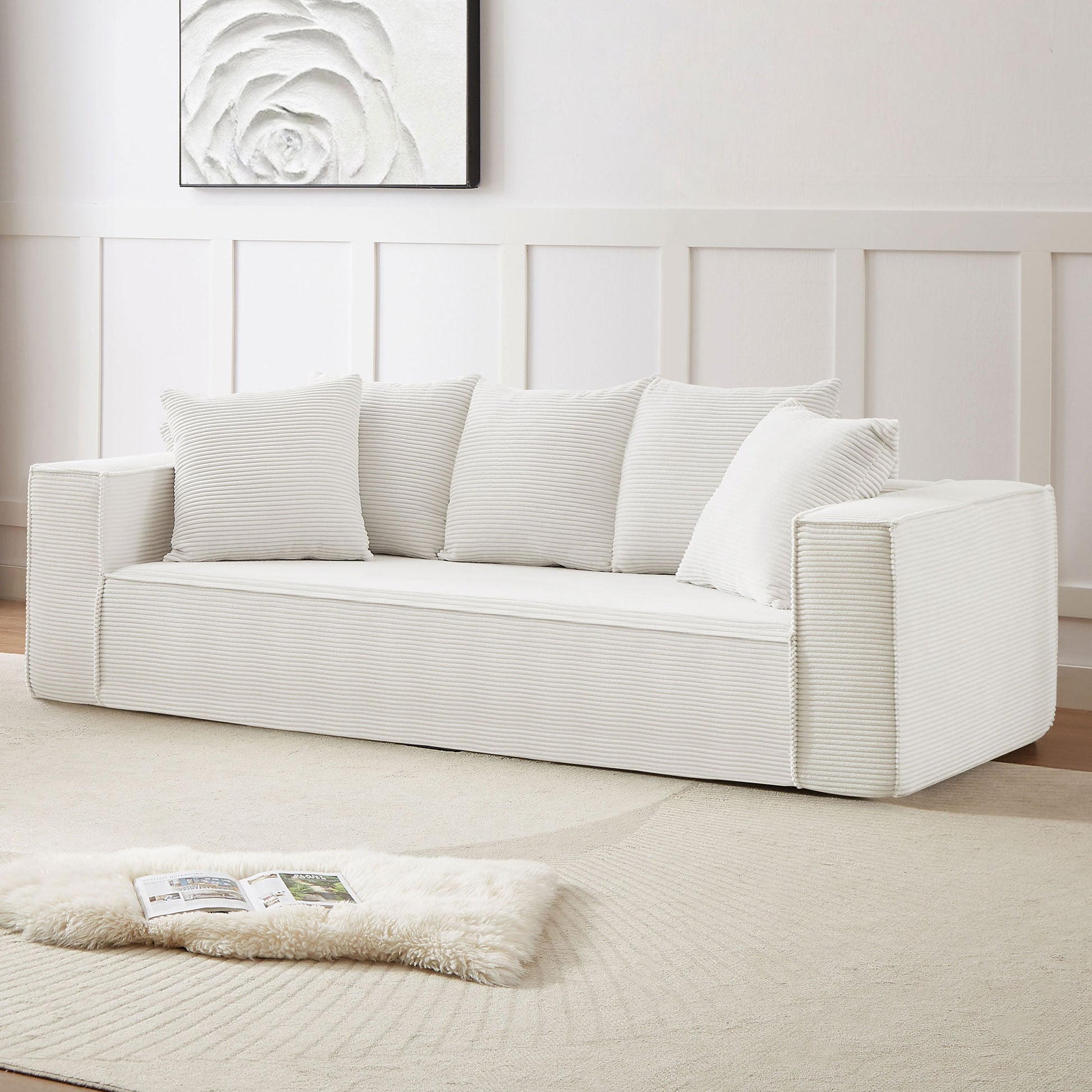 88.97Inch Corduroy Sofa With 5 Matching Toss Pillows, Sleek Design, Spacious And Comfortable 3 Seater Couch For Modern Living Room.White White Corduroy 3 Seat