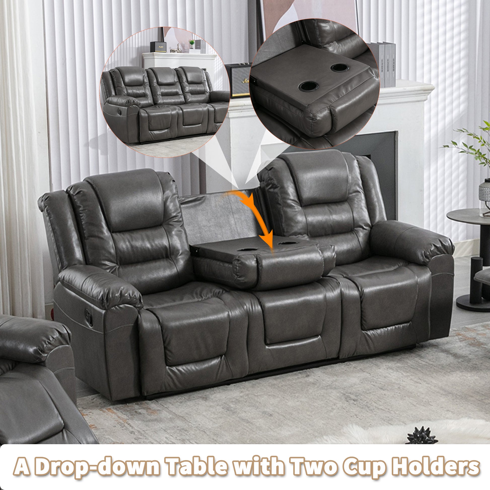 3 Seater Home Theater Recliner Manual Recliner Chair With Two Built In Cup Holders For Living Room,Bedroom, Grey Grey Foam Pu