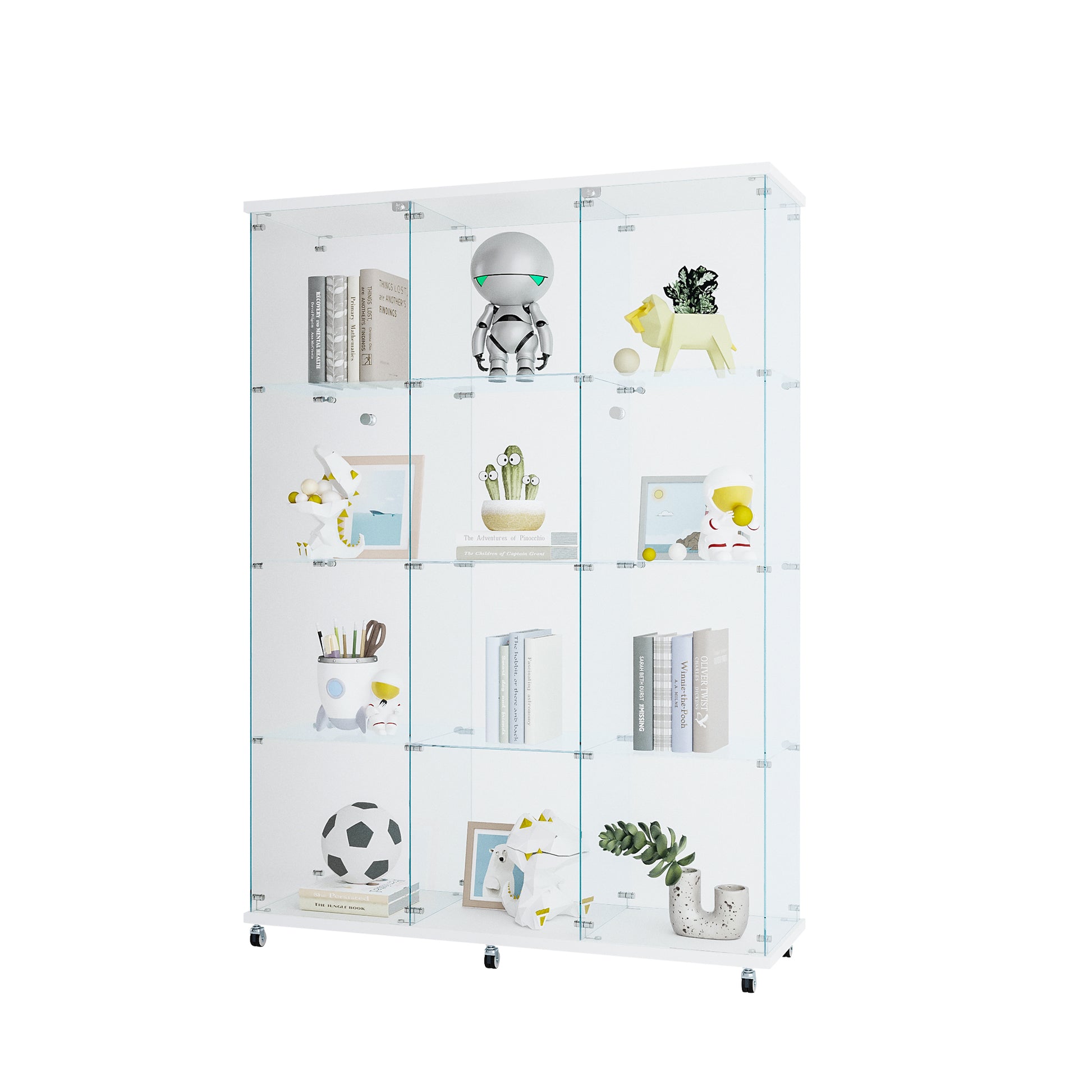 Glass Display Cabinet With 4 Shelves Extra Large, Curio Cabinets For Living Room, Bedroom, Office, White Floor Standing Glass Bookshelf, Quick Installation White Glass