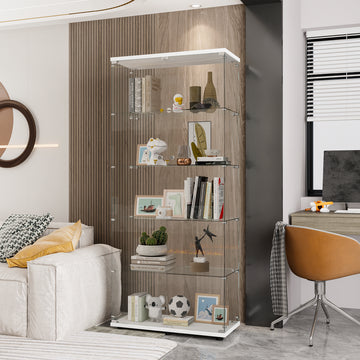 Glass Display Cabinet With 5 Shelves Double Door, Curio Cabinets For Living Room, Bedroom, Office, White Floor Standing Glass Bookshelf, Quick Installation White Glass