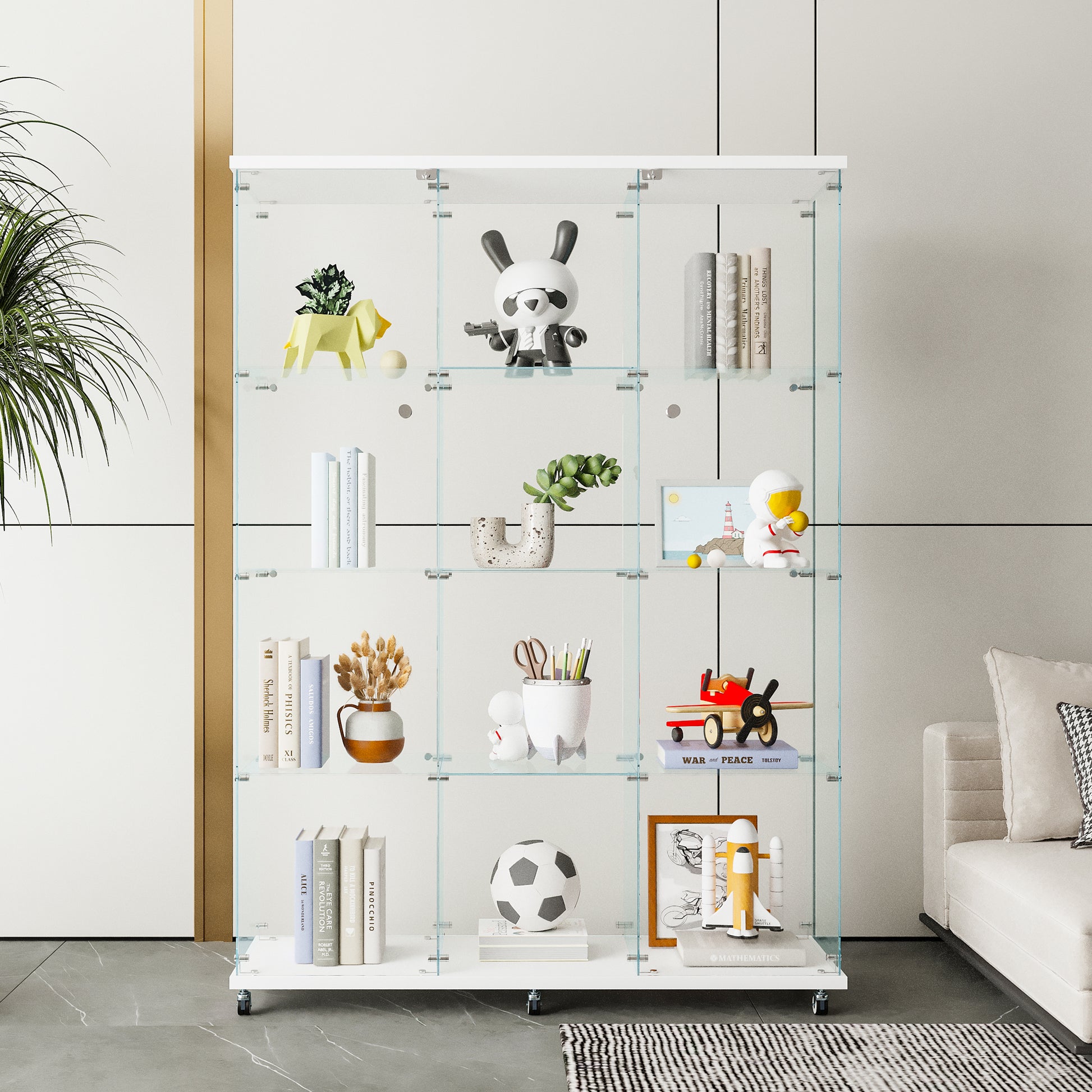 Glass Display Cabinet With 4 Shelves Extra Large, Curio Cabinets For Living Room, Bedroom, Office, White Floor Standing Glass Bookshelf, Quick Installation White Glass