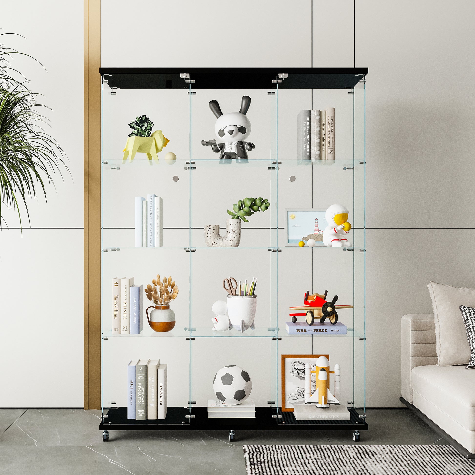 Glass Display Cabinet With 4 Shelves Extra Large, Curio Cabinets For Living Room, Bedroom, Office, Black Floor Standing Glass Bookshelf, Quick Installation Black Glass