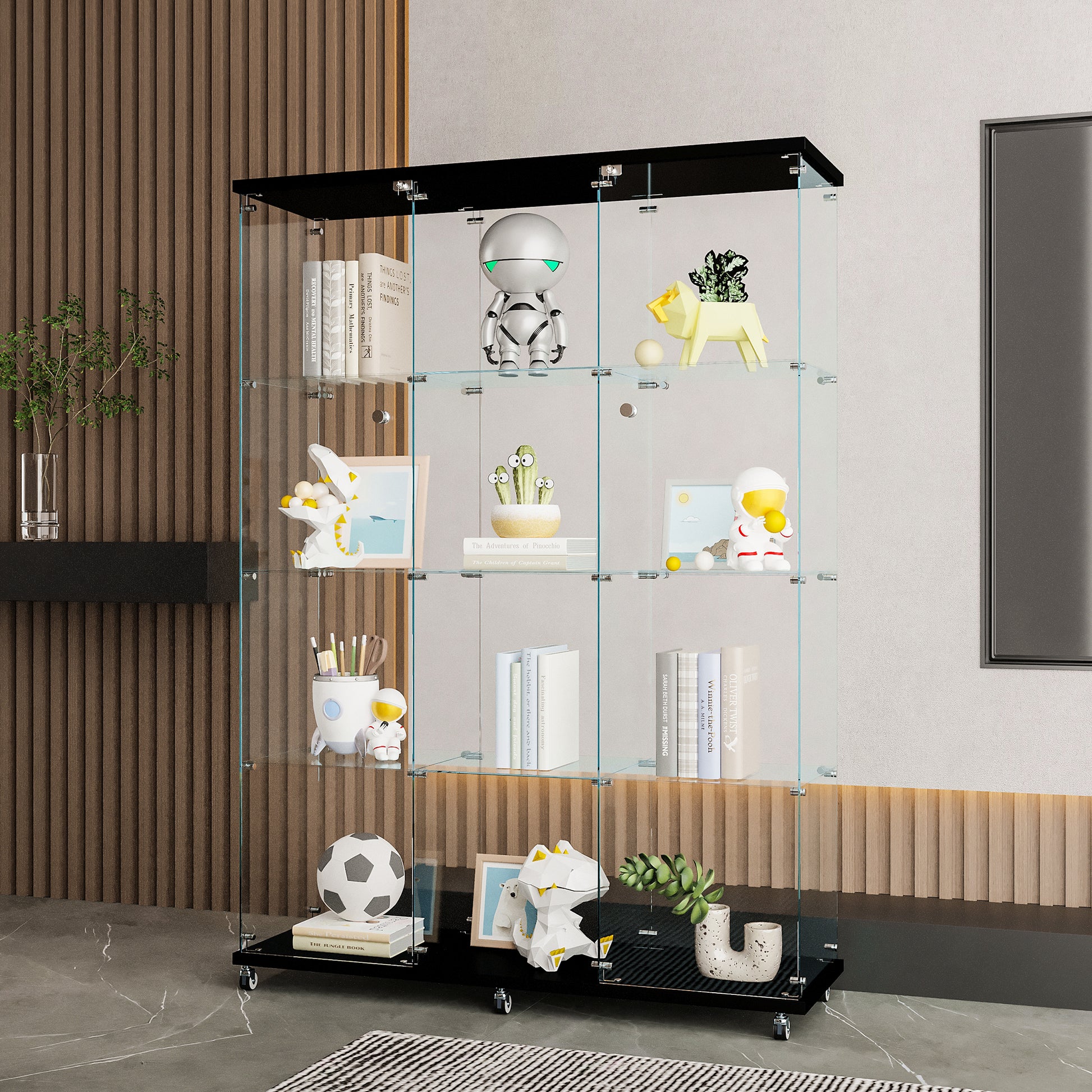 Glass Display Cabinet With 4 Shelves Extra Large, Curio Cabinets For Living Room, Bedroom, Office, Black Floor Standing Glass Bookshelf, Quick Installation Black Glass