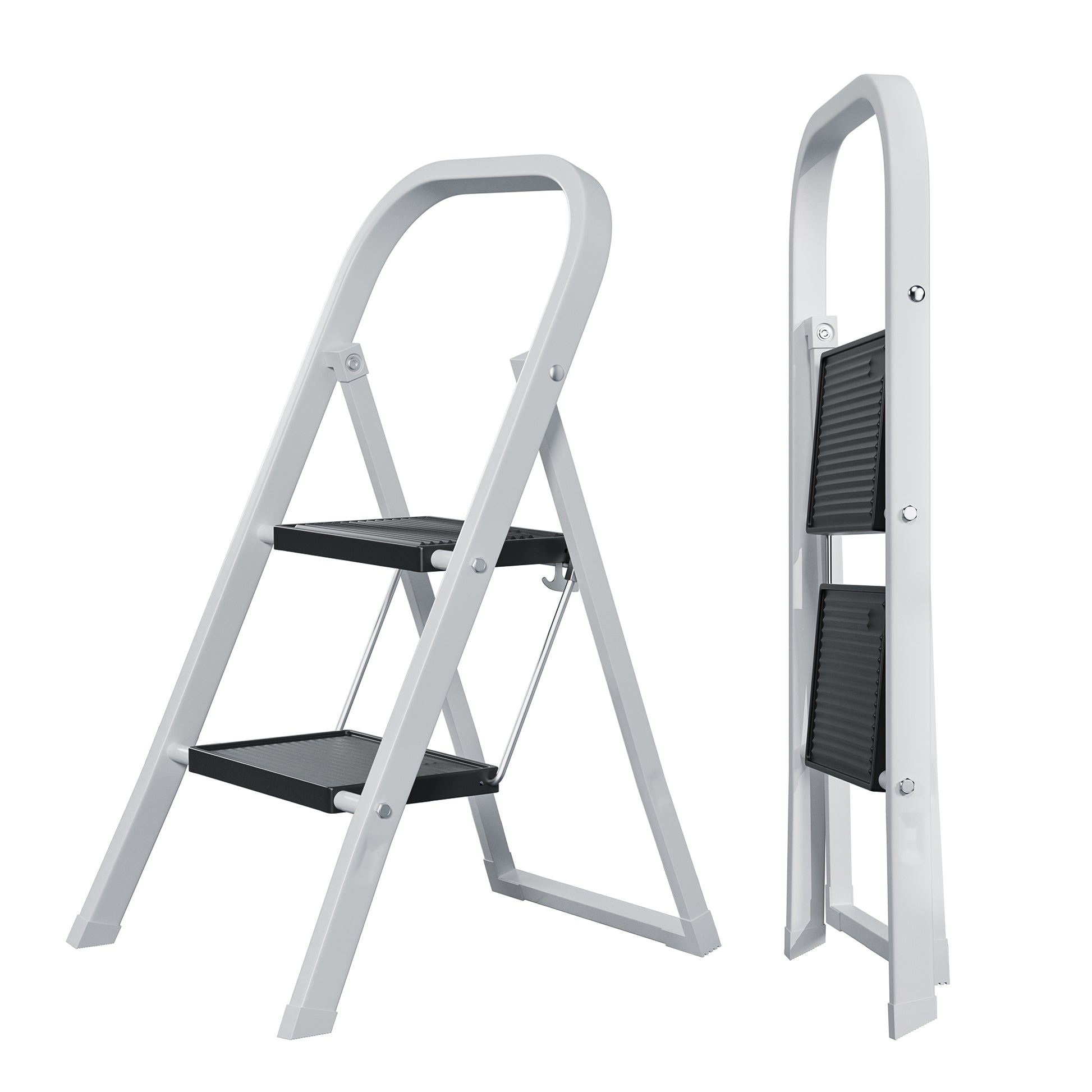 2 Step Ladder, Step Stool For Adults, Folding Step Stool With Wide Anti Slip Pedal, Sturdy Steel Ladder White Black Iron Plastic