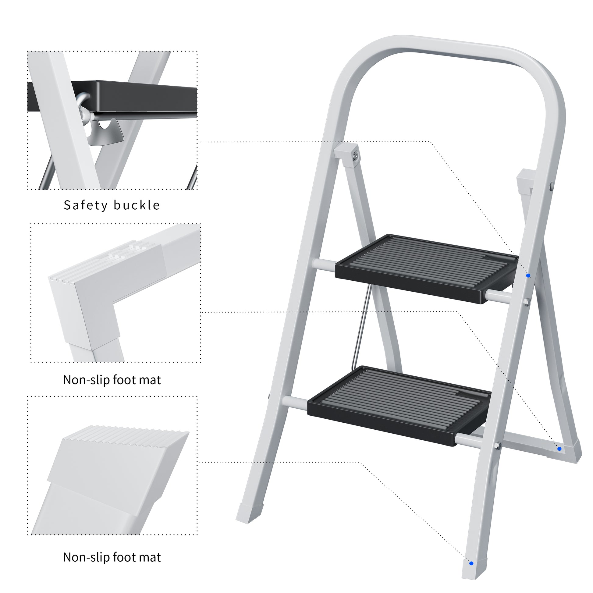 2 Step Ladder, Step Stool For Adults, Folding Step Stool With Wide Anti Slip Pedal, Sturdy Steel Ladder White Black Iron Plastic