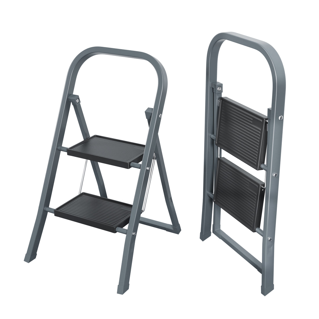 2 Step Ladder, Step Stool For Adults, Folding Step Stool With Wide Anti Slip Pedal, Sturdy Steel Ladder Gray Iron Plastic