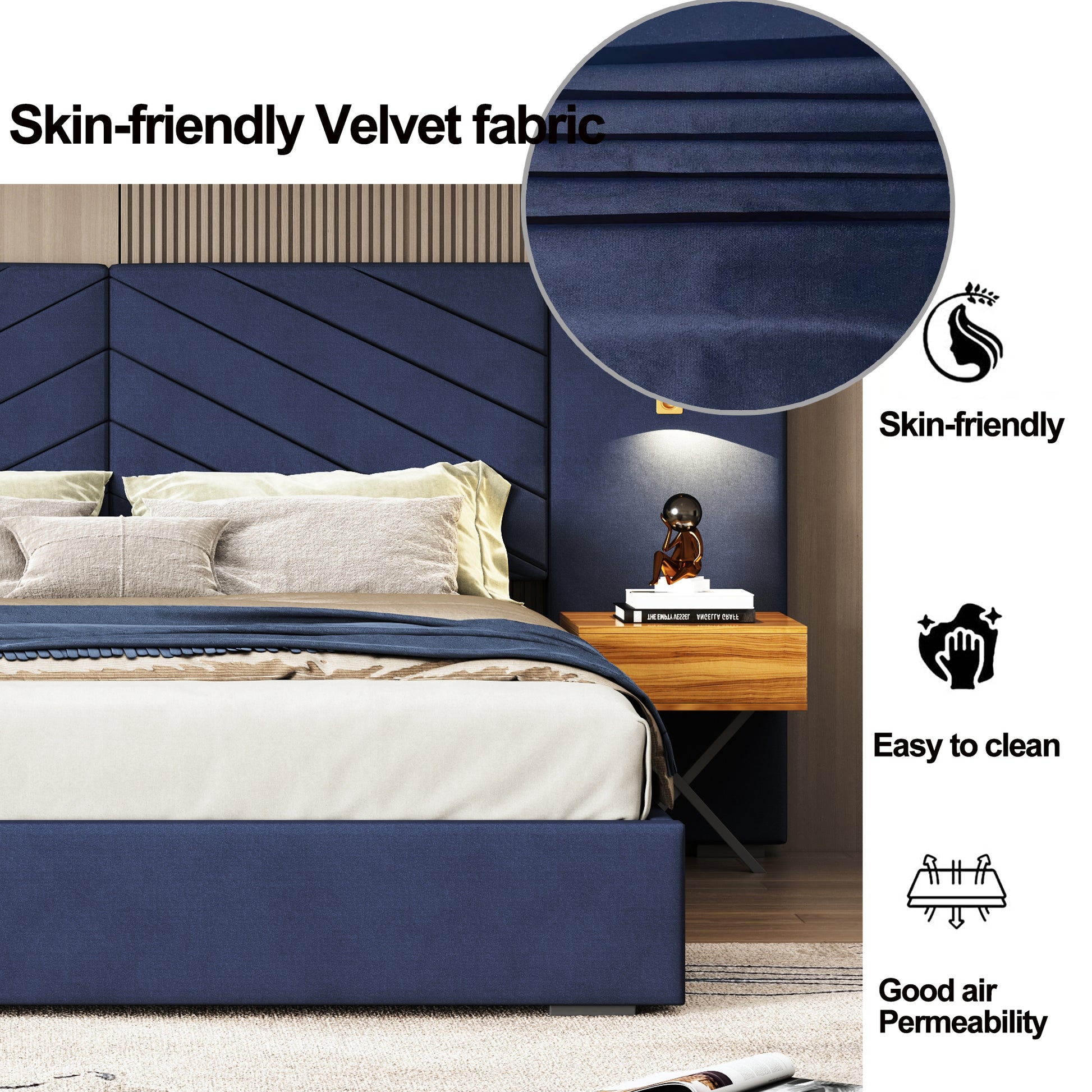 King Size Velvet Bed Frame Vertical Channel Tufted Wingback Headboard Upholstered Platform Bed Strong Wooden Slats No Box Spring Needed Easy Assemblyroyal Blue King Retro Blue Wood Light Brown Bedroom Modern Bed Frame Wood