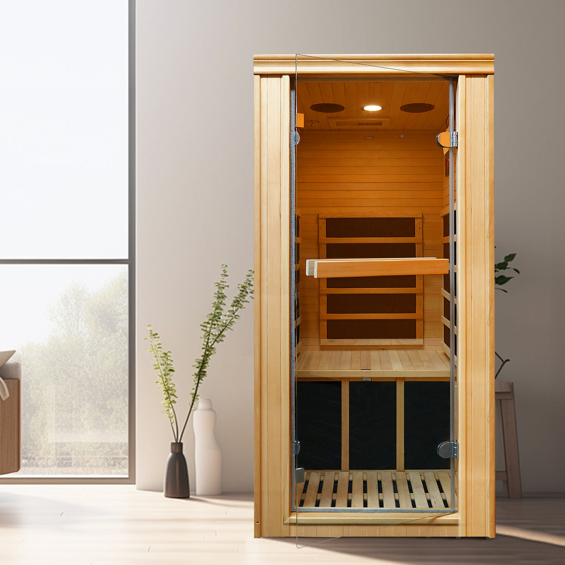 Single Person Far Infrared Sauna Room Natural Wood Paper Glass Metal