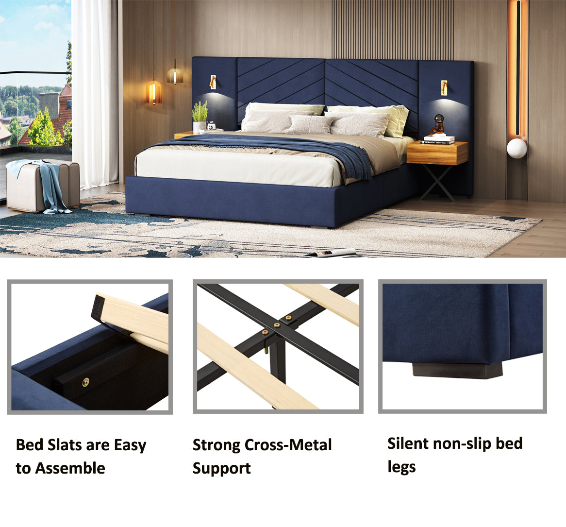 Queen Size Velvet Bed Frame Vertical Channel Tufted Wingback Headboard Upholstered Platform Bed Strong Wooden Slats No Box Spring Needed Easy Assemblyroyal Blue Queen Retro Blue Wood Light Brown Bedroom Modern Bed Frame Wood