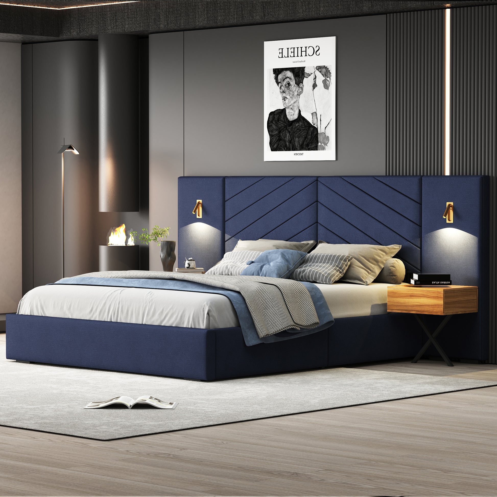 Queen Size Velvet Bed Frame Vertical Channel Tufted Wingback Headboard Upholstered Platform Bed Strong Wooden Slats No Box Spring Needed Easy Assemblyroyal Blue Queen Retro Blue Wood Light Brown Bedroom Modern Bed Frame Wood