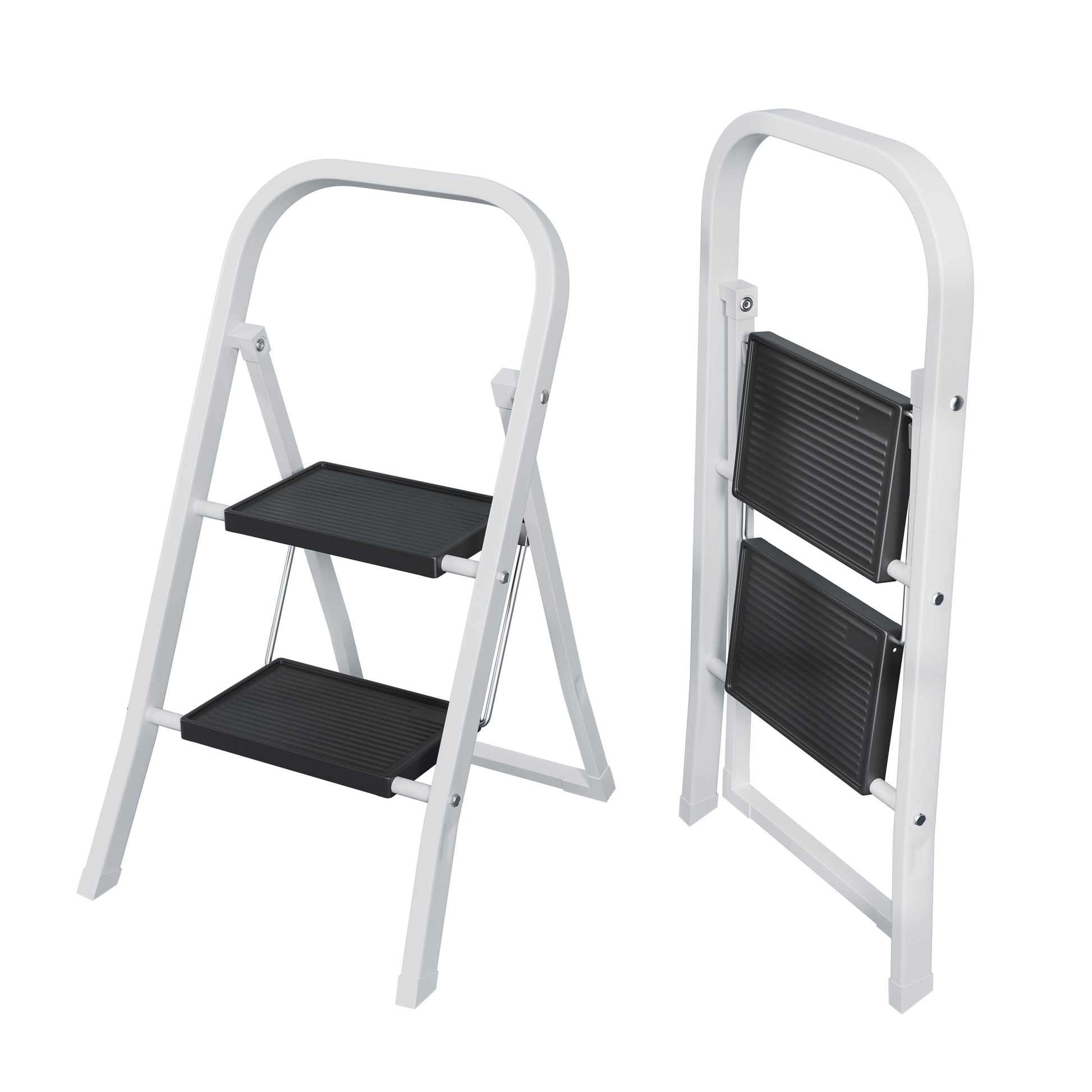 2 Step Ladder, Step Stool For Adults, Folding Step Stool With Wide Anti Slip Pedal, Sturdy Steel Ladder White Black Iron Plastic