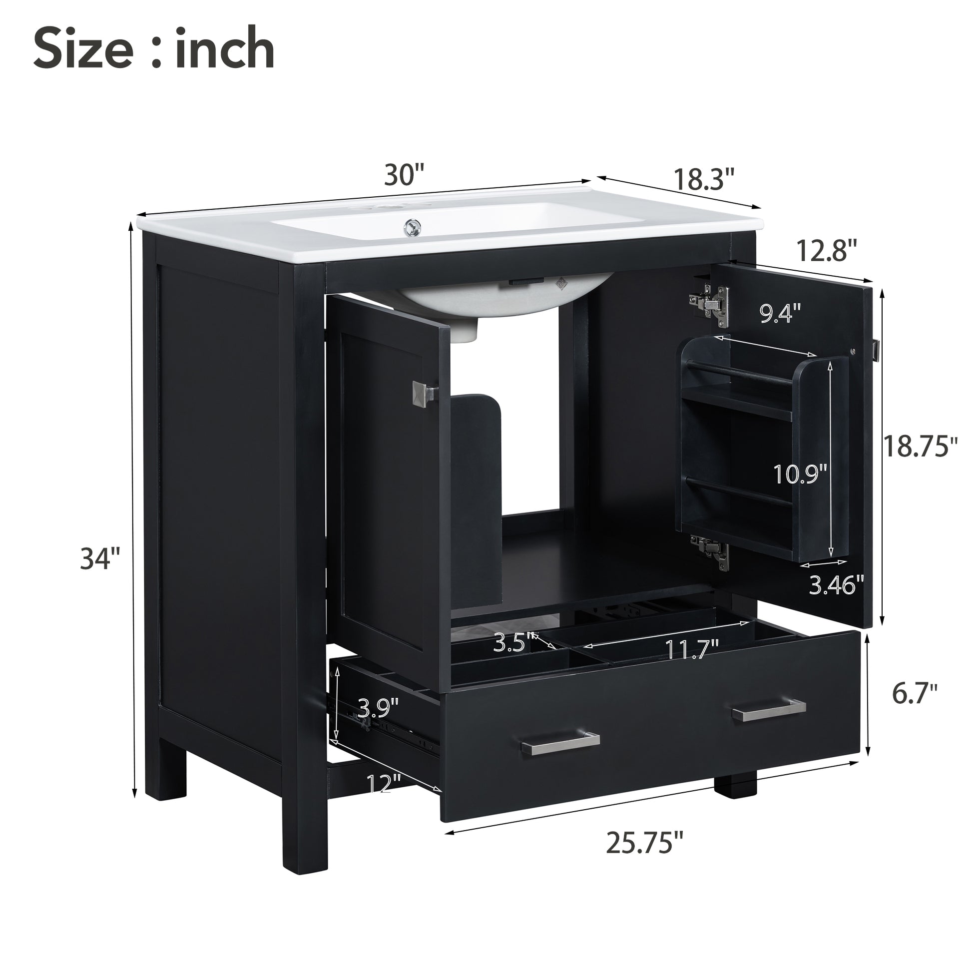 30" Black Bathroom Vanity With Single Sink, Combo Cabinet Undermount Sink, Bathroom Storage Cabinet With 2 Doors And A Drawer, Soft Closing, Multifunctional Storage, Solid Wood Frame Black Bathroom Solid Wood Mdf