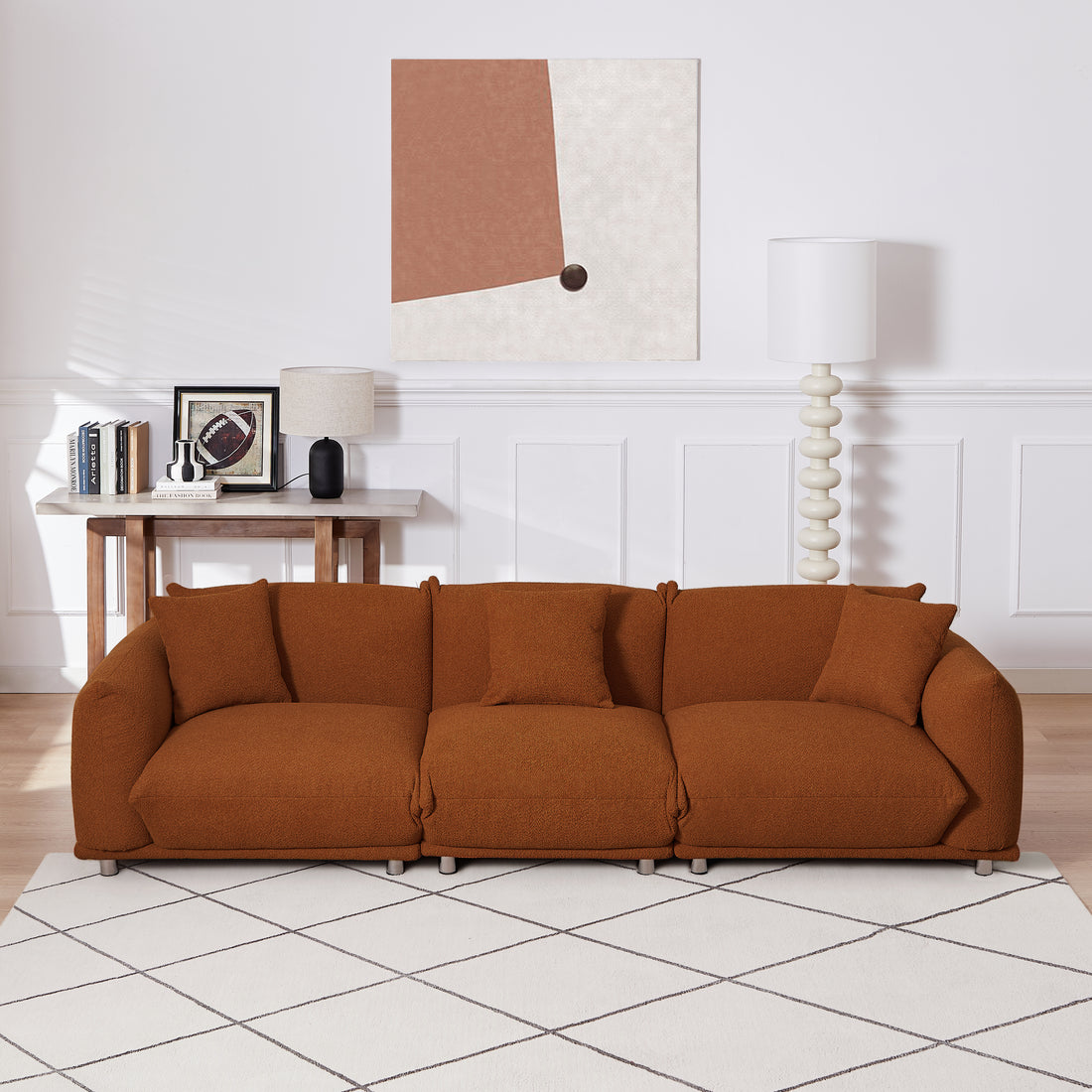 Originality Shapes Curry Lambswool Sherpa 4 Seater Sofa With Metal Legs, Solid Wood Frame Couch With 3 Pillows, Linear And Modular Version Design, Possibility Combined Armchair Current Style Brown