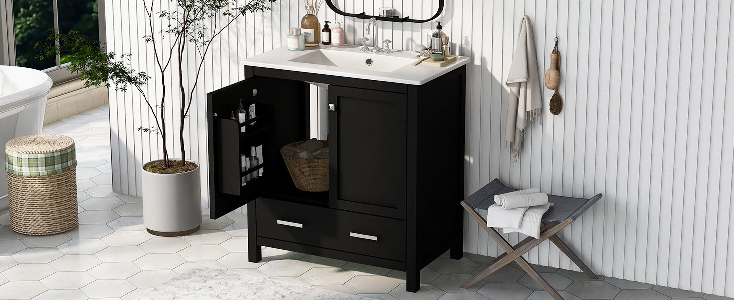 30" Black Bathroom Vanity With Single Sink, Combo Cabinet Undermount Sink, Bathroom Storage Cabinet With 2 Doors And A Drawer, Soft Closing, Multifunctional Storage, Solid Wood Frame Black Bathroom Solid Wood Mdf