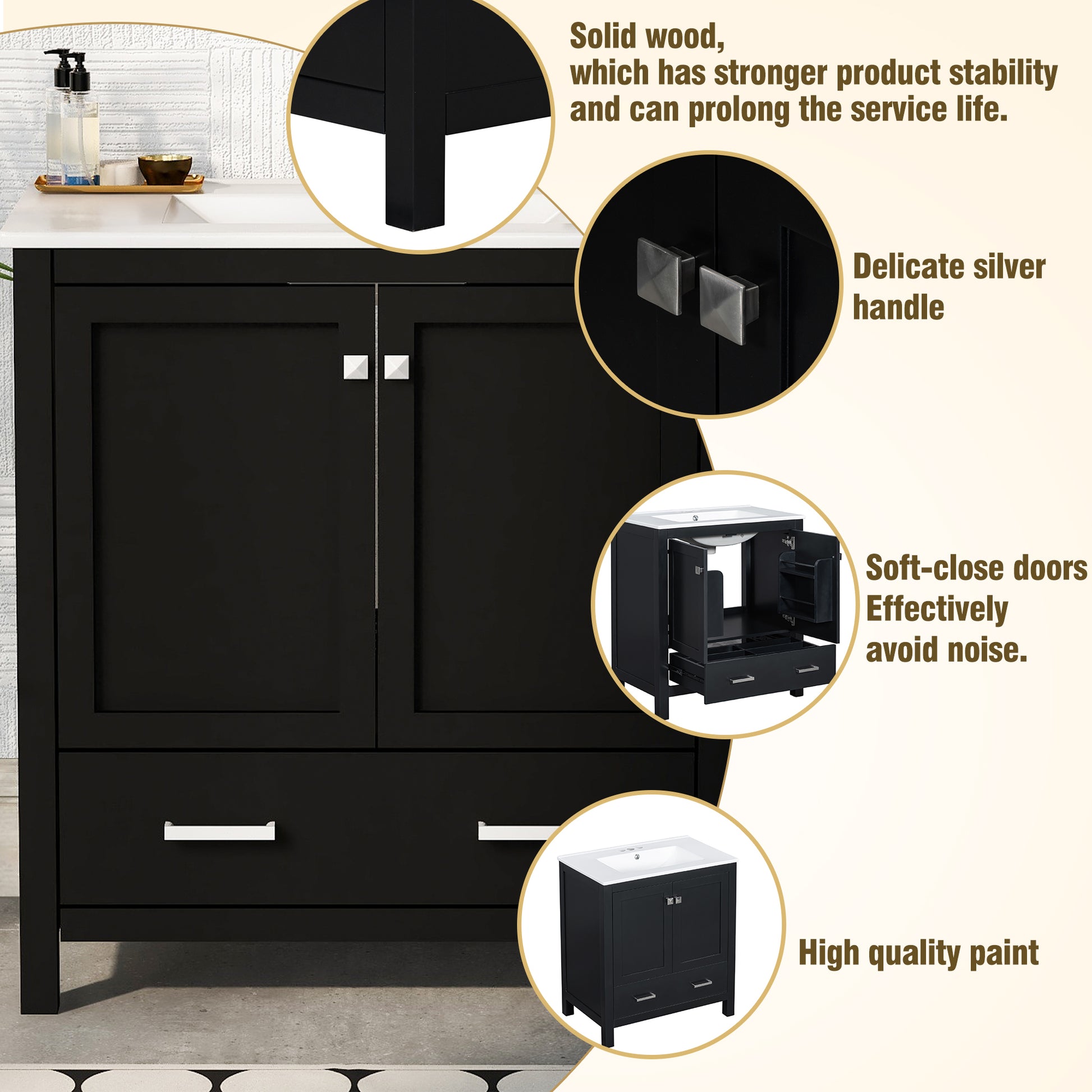 30" Black Bathroom Vanity With Single Sink, Combo Cabinet Undermount Sink, Bathroom Storage Cabinet With 2 Doors And A Drawer, Soft Closing, Multifunctional Storage, Solid Wood Frame Black Bathroom Solid Wood Mdf